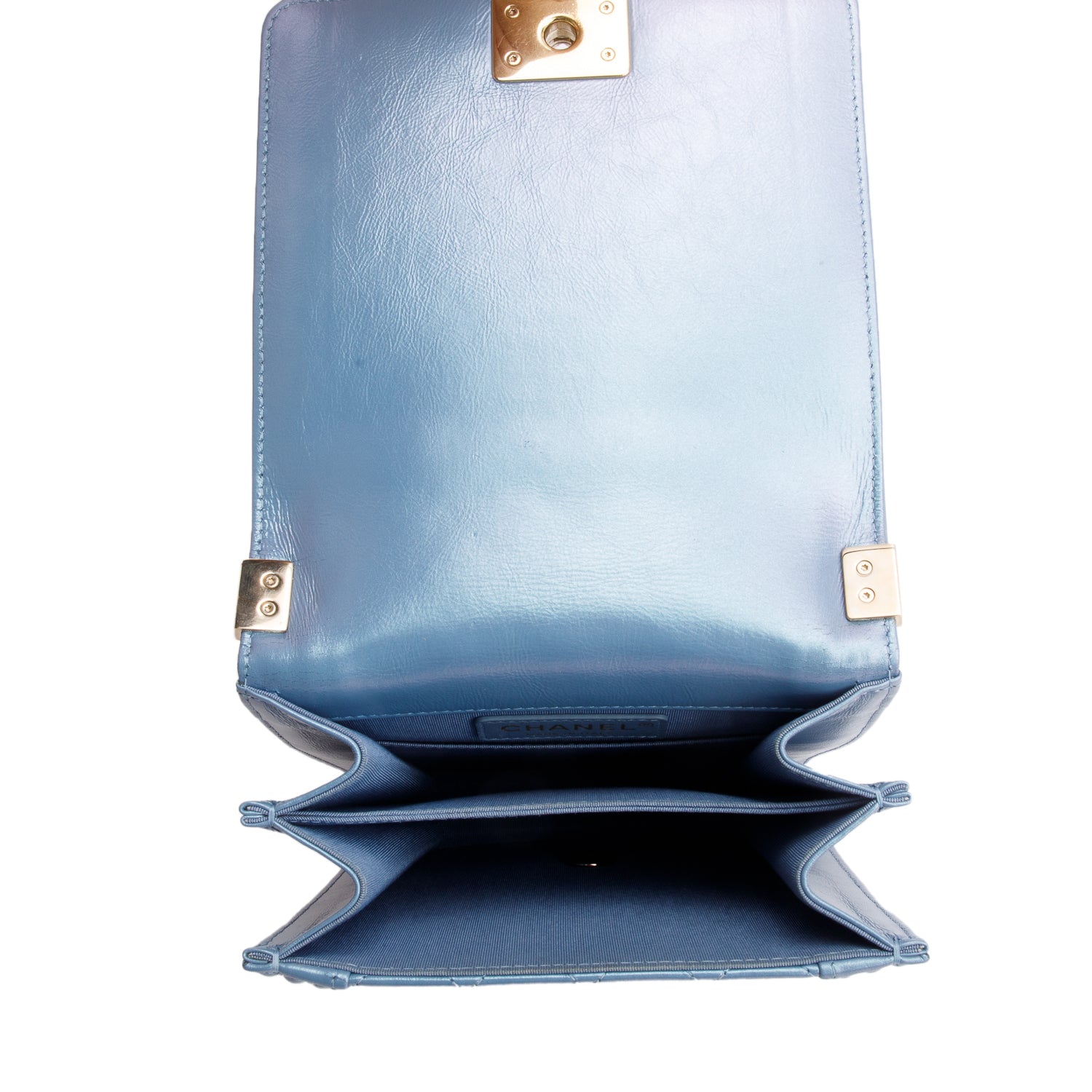 Chanel Blue Iridescent Calfskin Quilted North South Boy Flap Bag w/ Authenticity Card