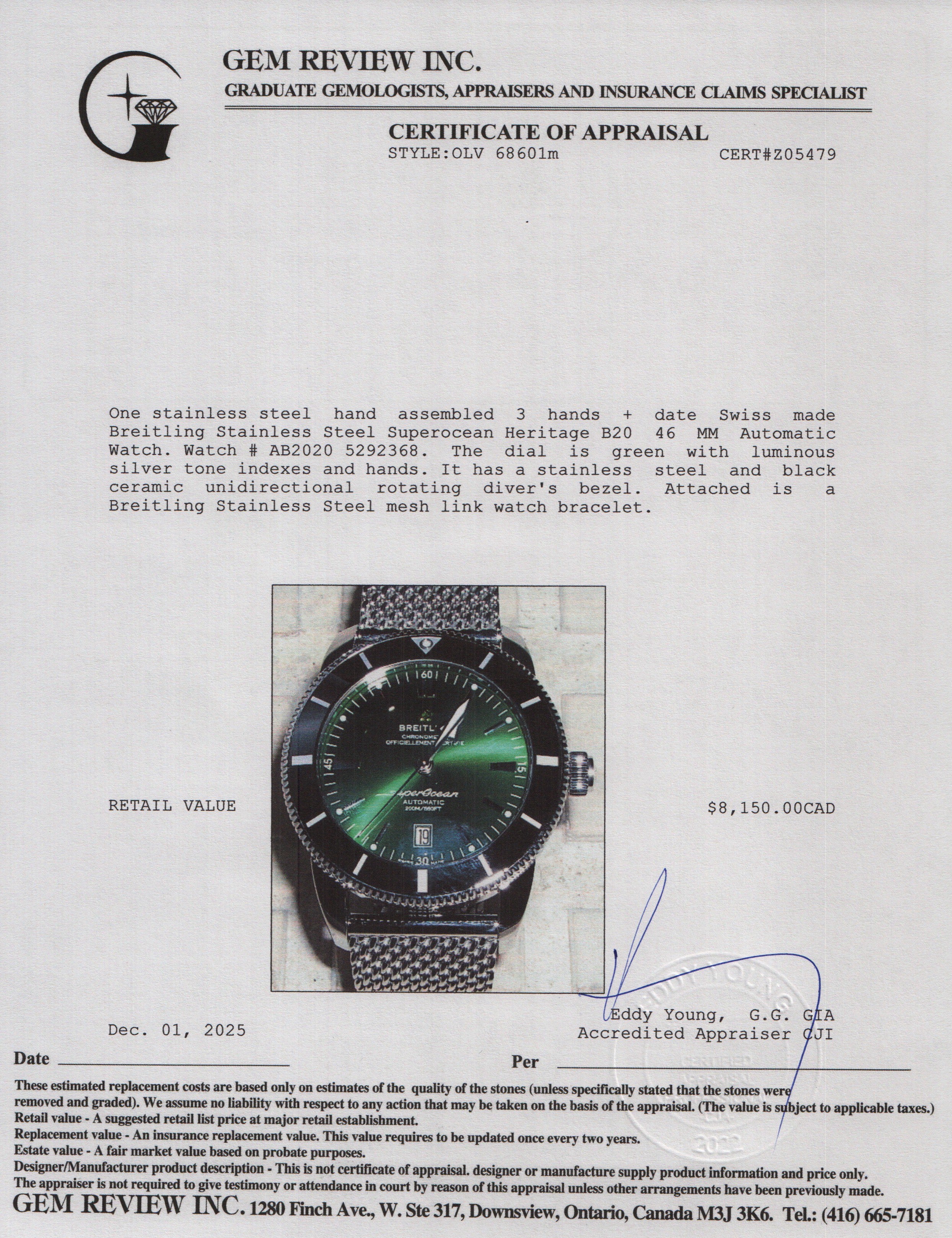 Breitling Stainless Steel Superocean Heritage B20 46 MM Automatic Watch Green Dial AB2020 w/ Box, Papers