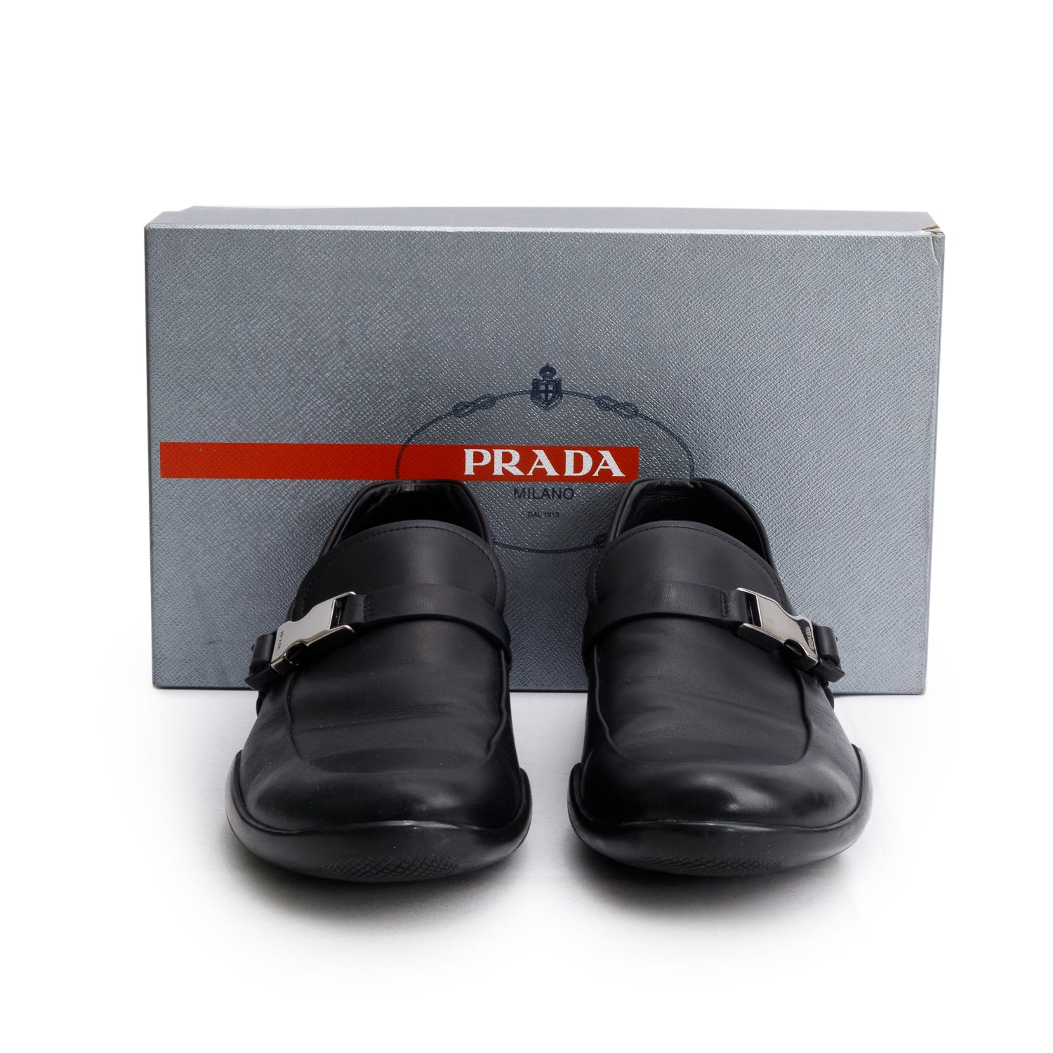Prada Sport Black Leather Buckle Loafers, Men's Size 10 w/ Box
