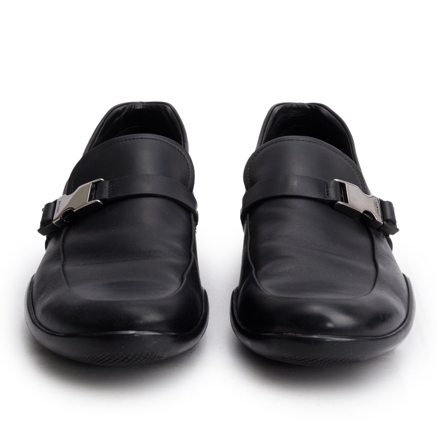 Prada Sport Black Leather Buckle Loafers, Men's Size 10 w/ Box