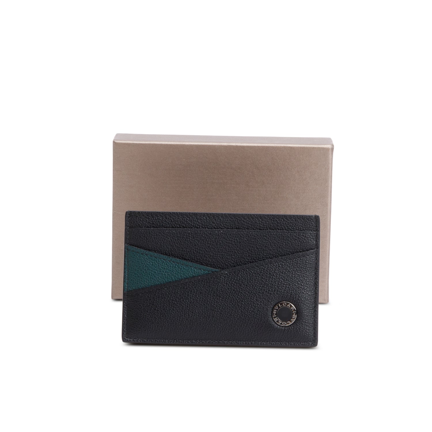Bvlgari 2023 Black Green Grain Calf Leather Card Holder w/ Box & Authenticity Card