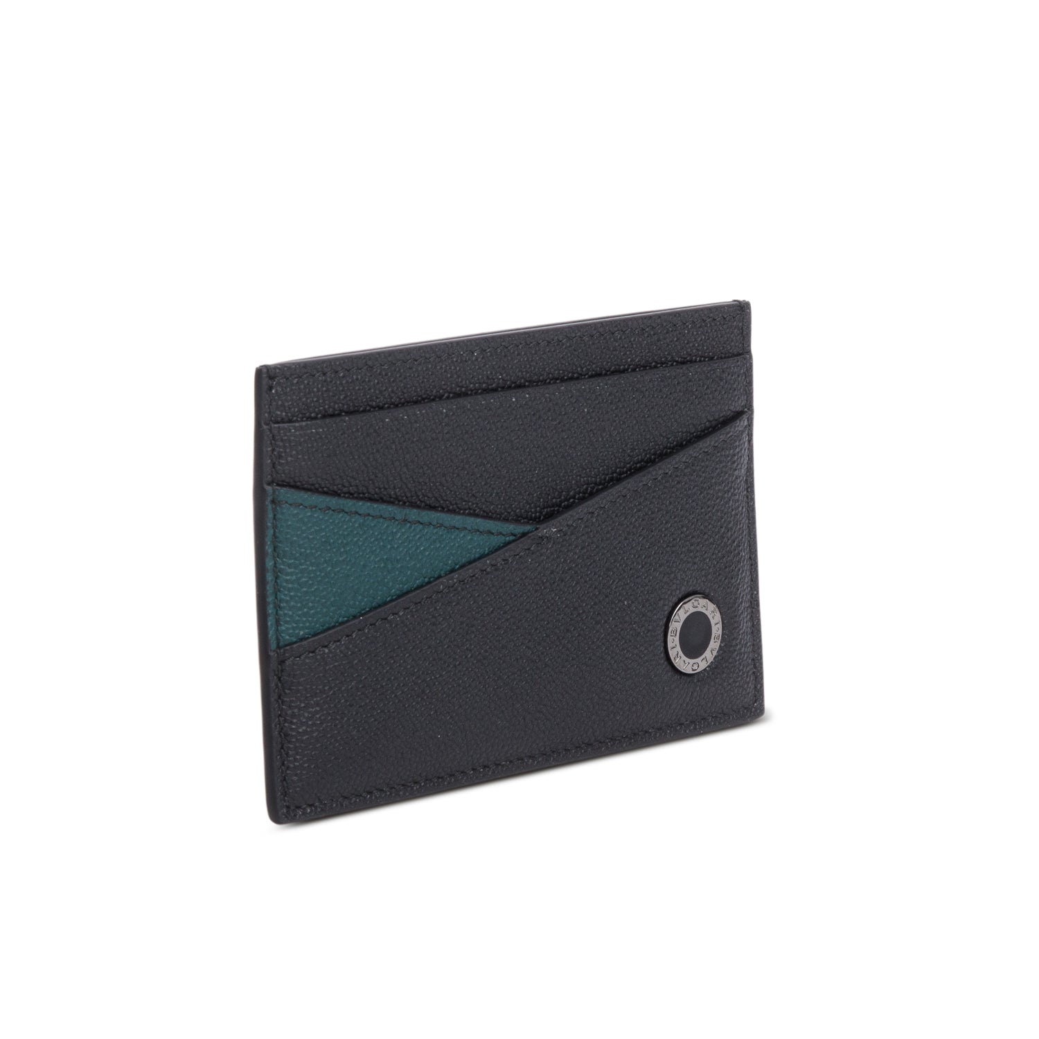 Bvlgari 2023 Black Green Grain Calf Leather Card Holder w/ Box & Authenticity Card