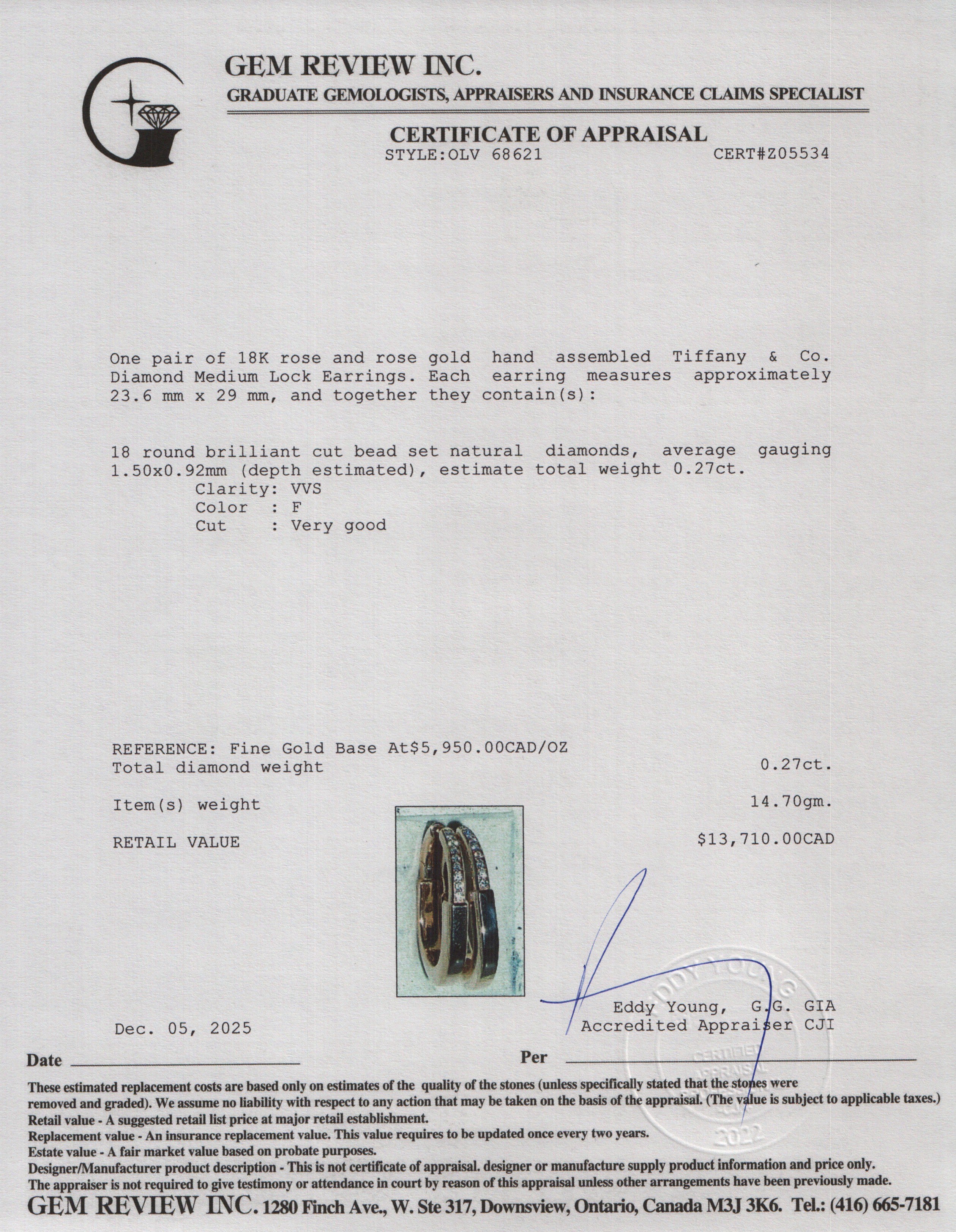 Tiffany & Co. 18k Rose Gold Diamond Medium Lock Earrings w/ Box