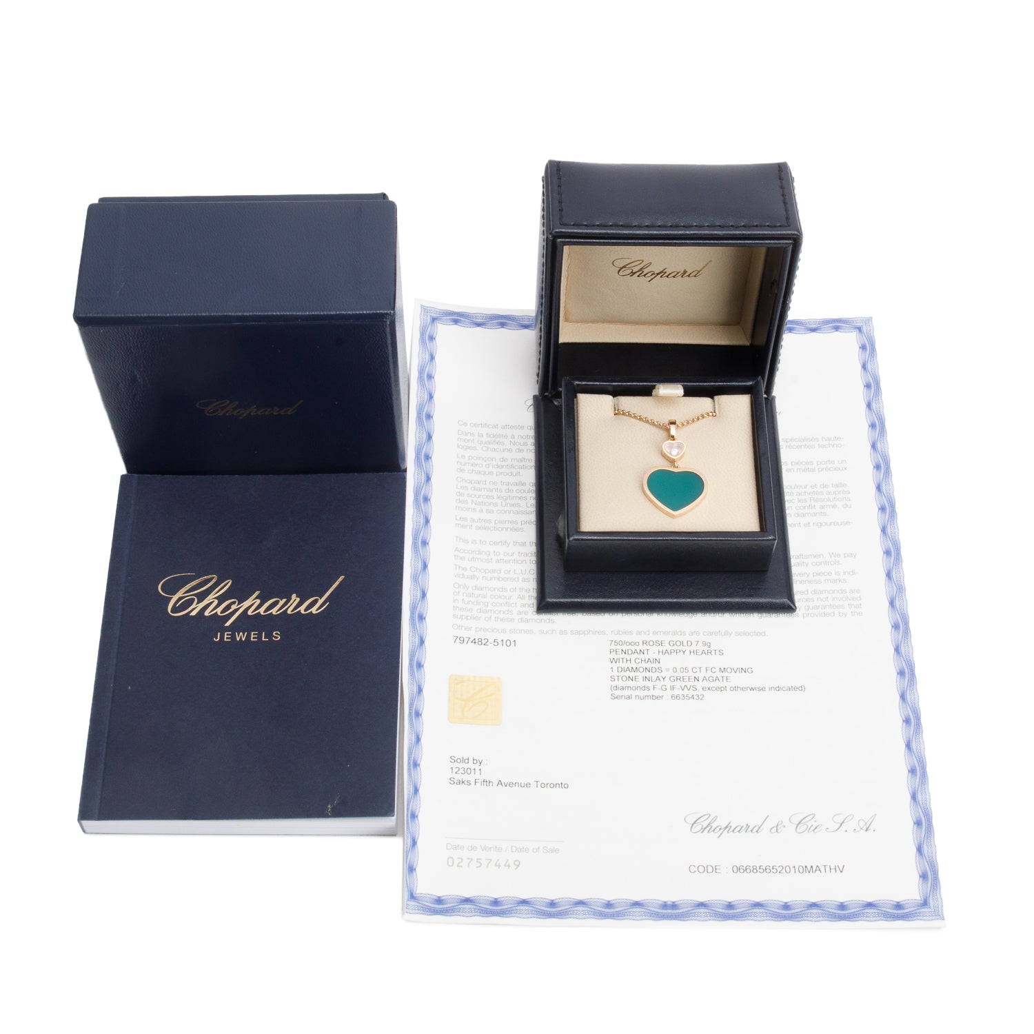 Chopard 18k Rose Gold Green Agate & Diamond Happy Hearts Pendant Necklace w/ Box & Certificate
