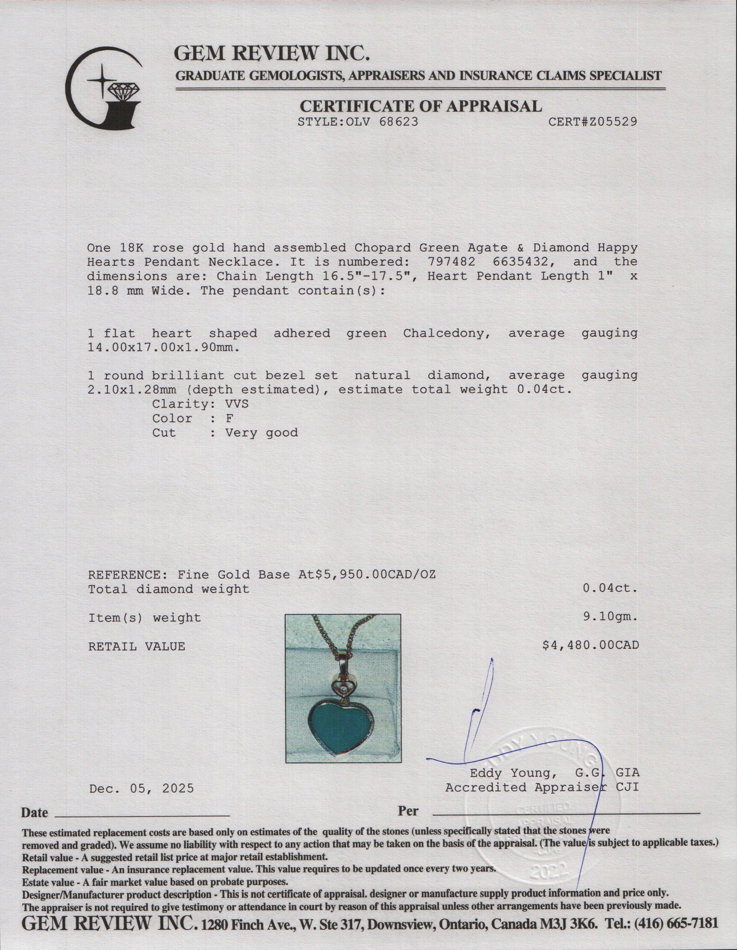 Chopard 18k Rose Gold Green Agate & Diamond Happy Hearts Pendant Necklace w/ Box & Certificate