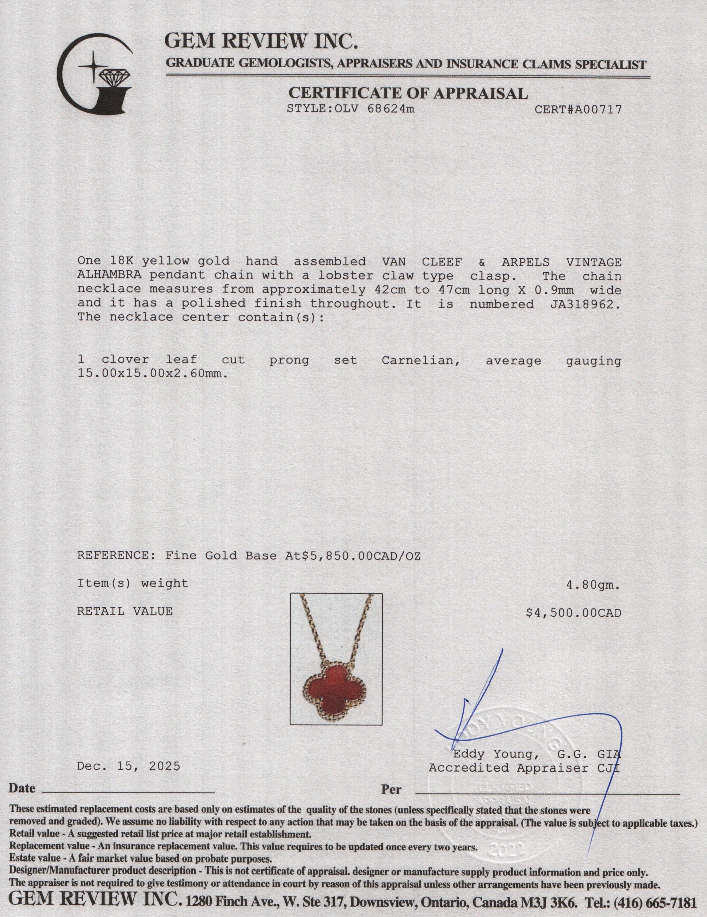 Van Cleef & Arpels 18k Yellow Gold Vintage Alhambra Carnelian Pendant Necklace w/ Box & Certificate