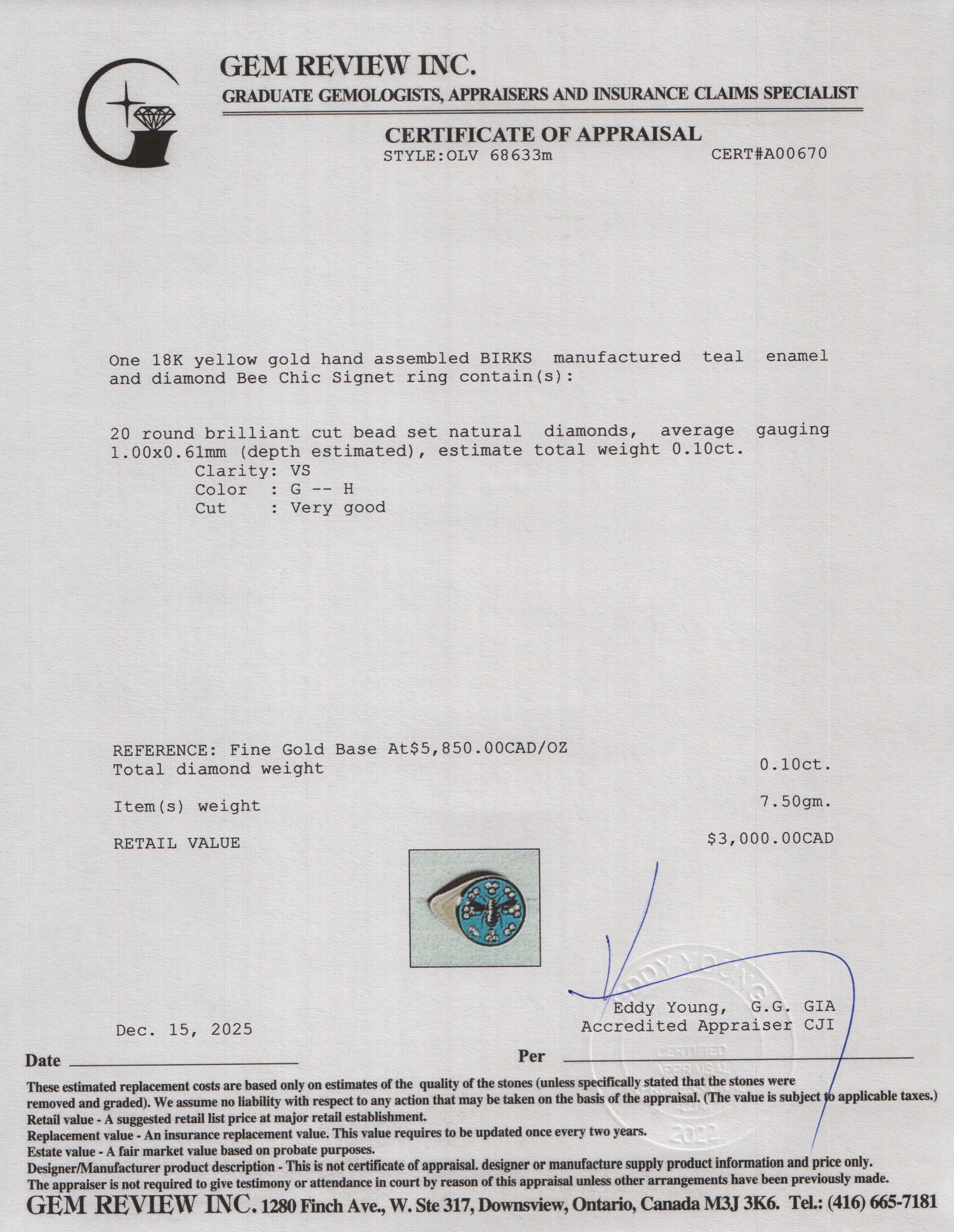 Birks 18k Yellow Gold Teal Enamel & Diamond Bee Chic Signet Ring, Size 4 w/ Box