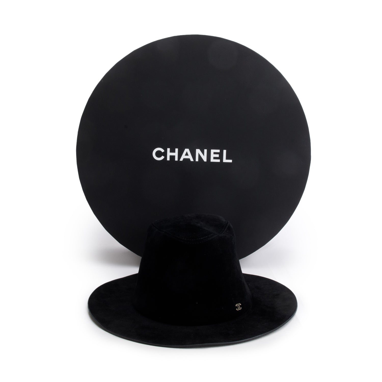 Chanel Black Suede Wide Brim Hat, Size M w/ Box