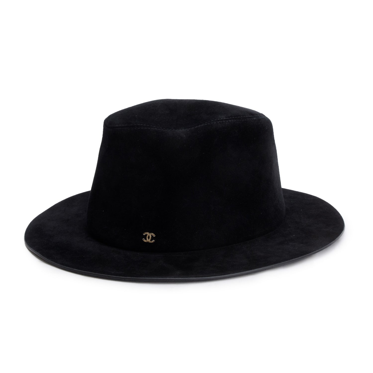 Chanel Black Suede Wide Brim Hat, Size M w/ Box