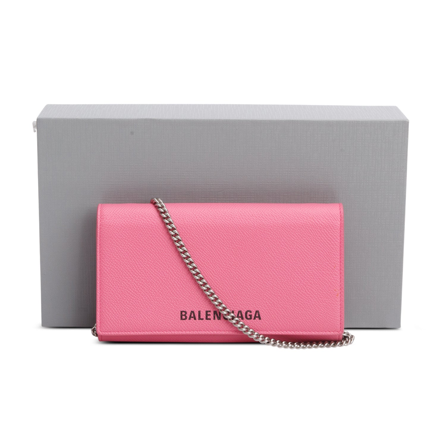 Balenciaga Pink Pebbled Calfskin Logo Everyday Flap Chain Wallet w/ Box