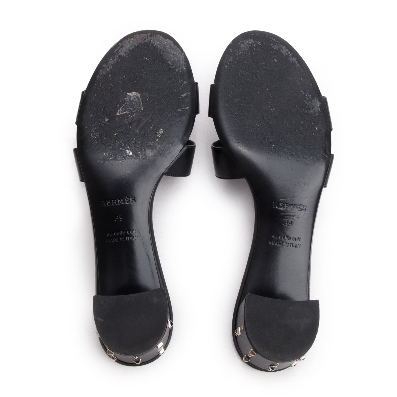 Hermes Black Calfskin Studded Oasis Sandals, Size 39 w/ Box & Heel