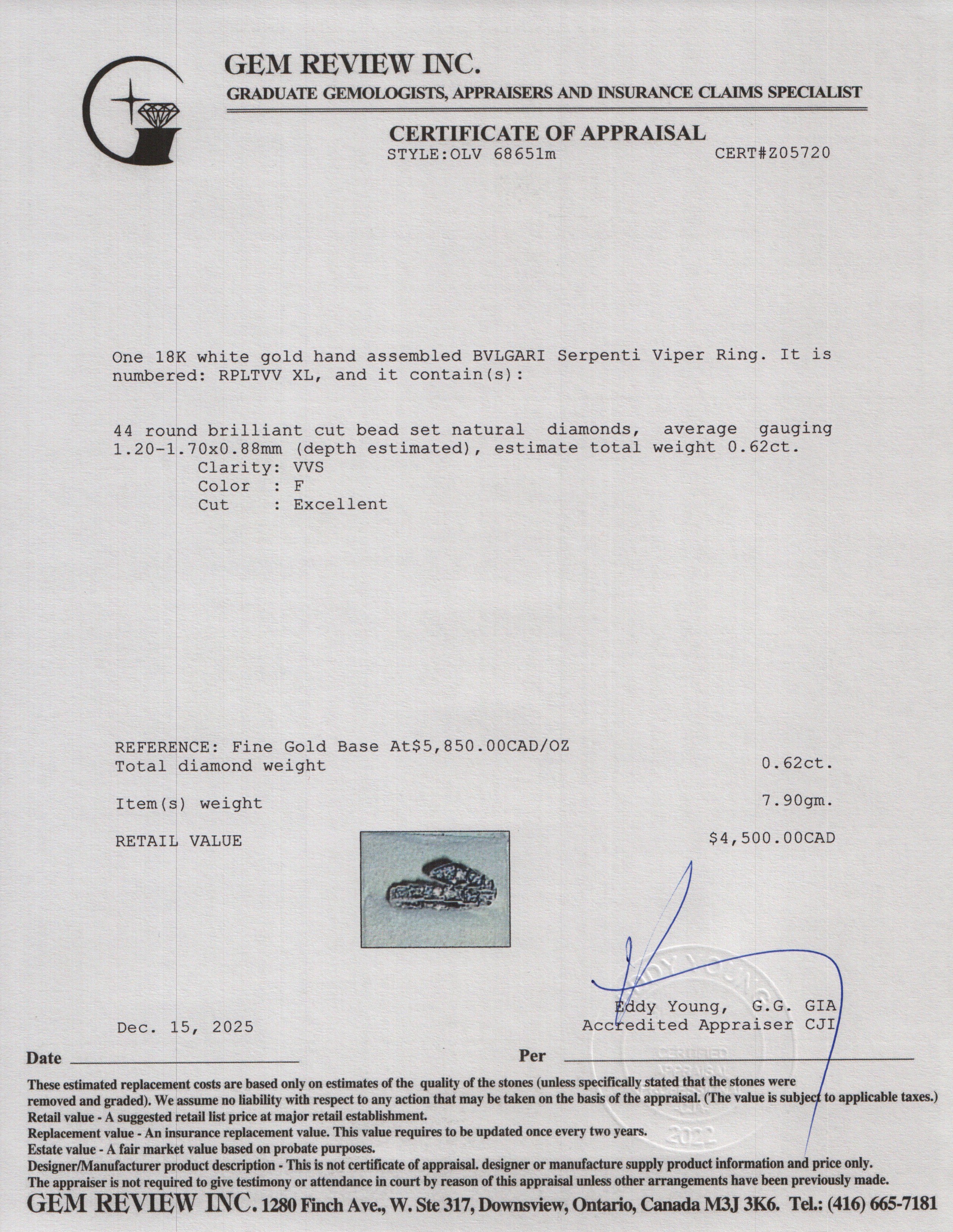 BVLGARI 2023 18k White Gold Diamond Serpenti Viper Ring, Size XL w/ Box & Certificate