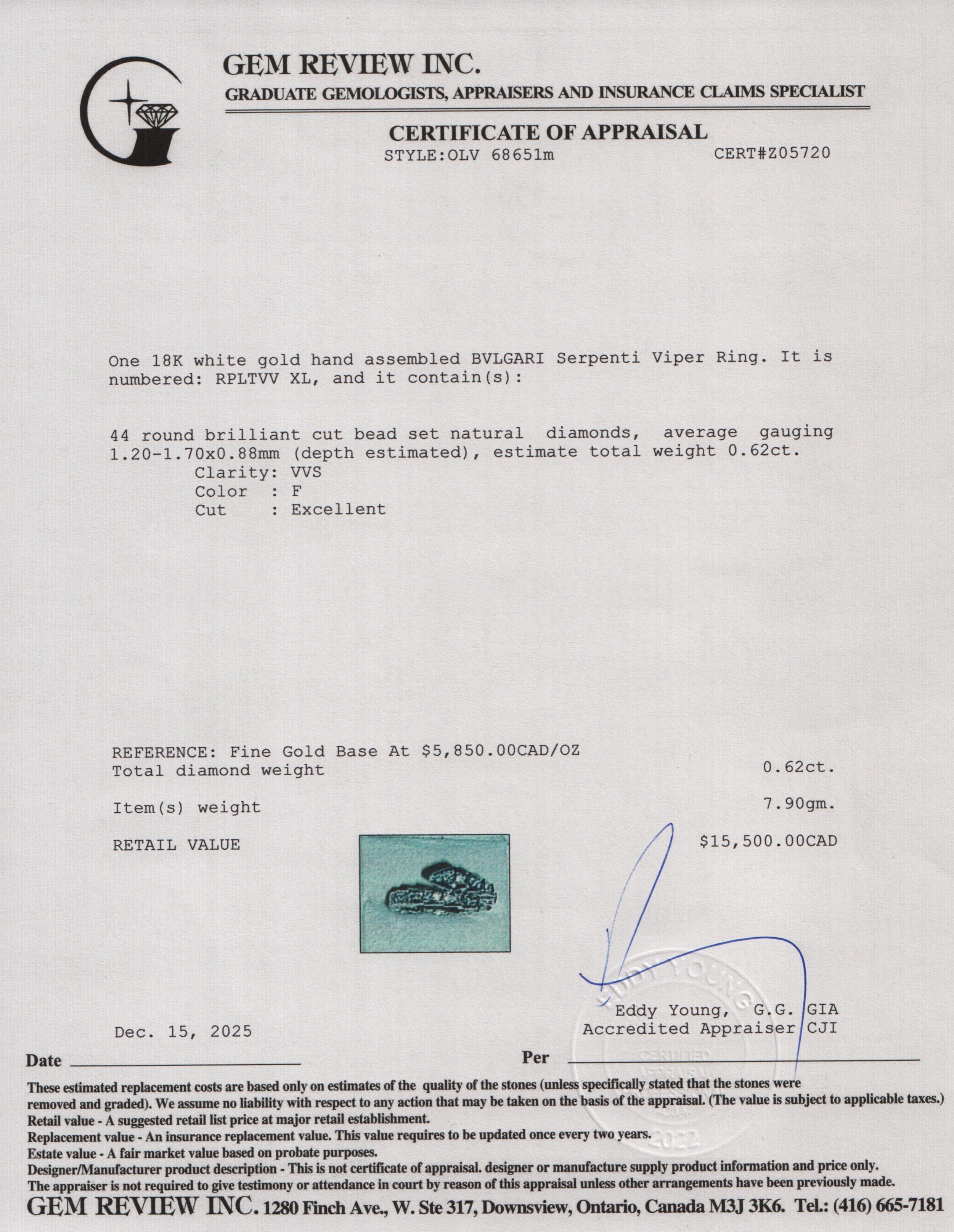 BVLGARI 2023 18k White Gold Diamond Serpenti Viper Ring, Size XL w/ Box & Certificate