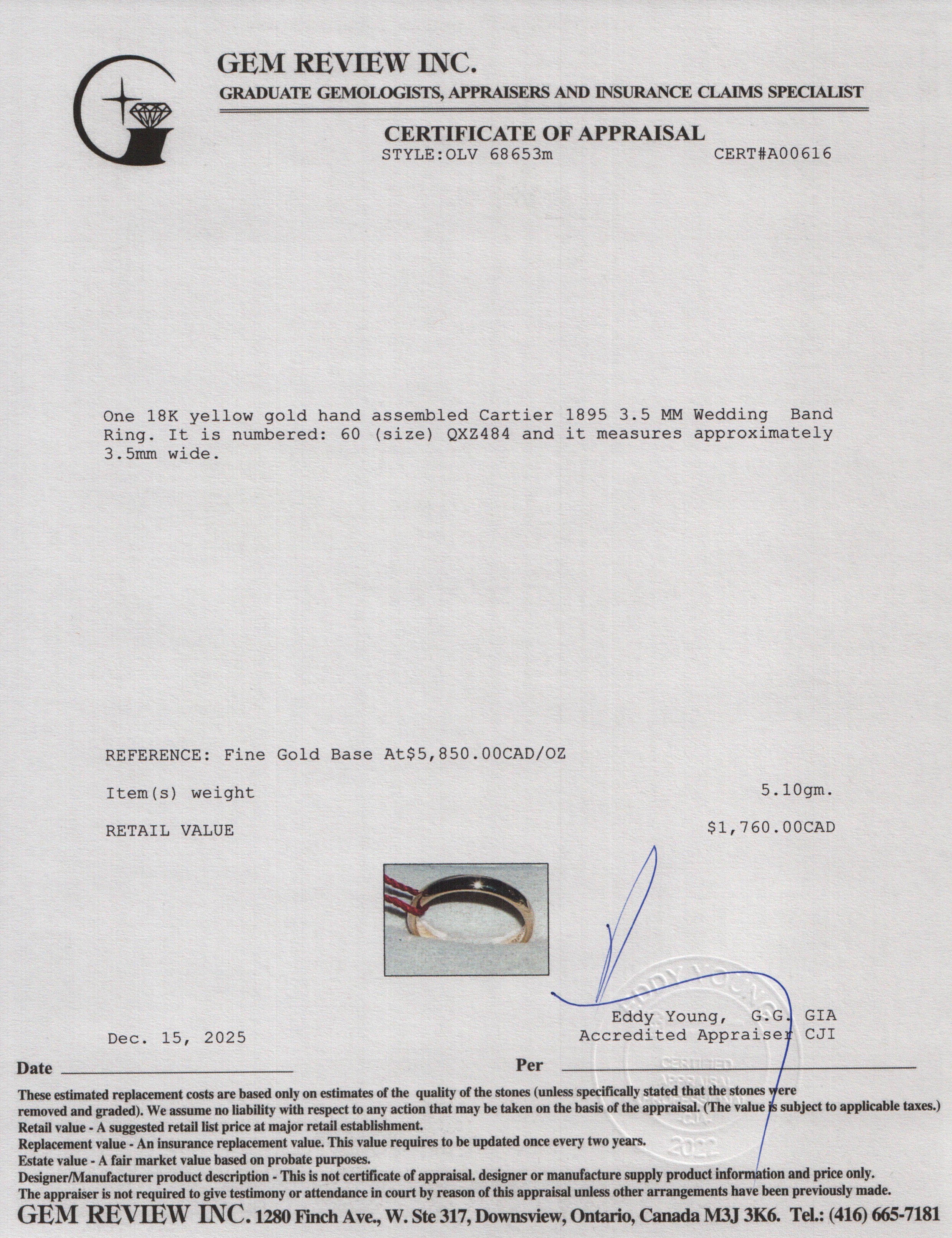 Cartier 18k Yellow Gold 1895 3.5 MM Wedding Band Ring, Size 60 9.25