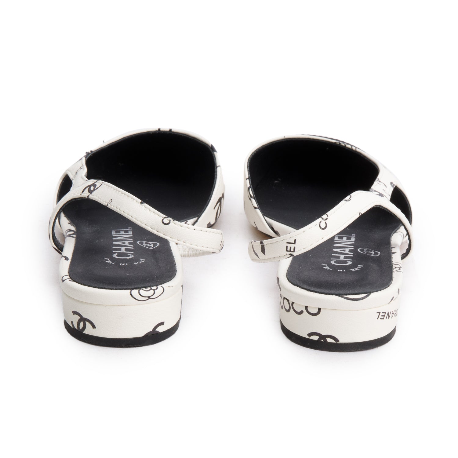Chanel White Black Printed Lambskin CC Slingback Flats, Size 40 w/ Box
