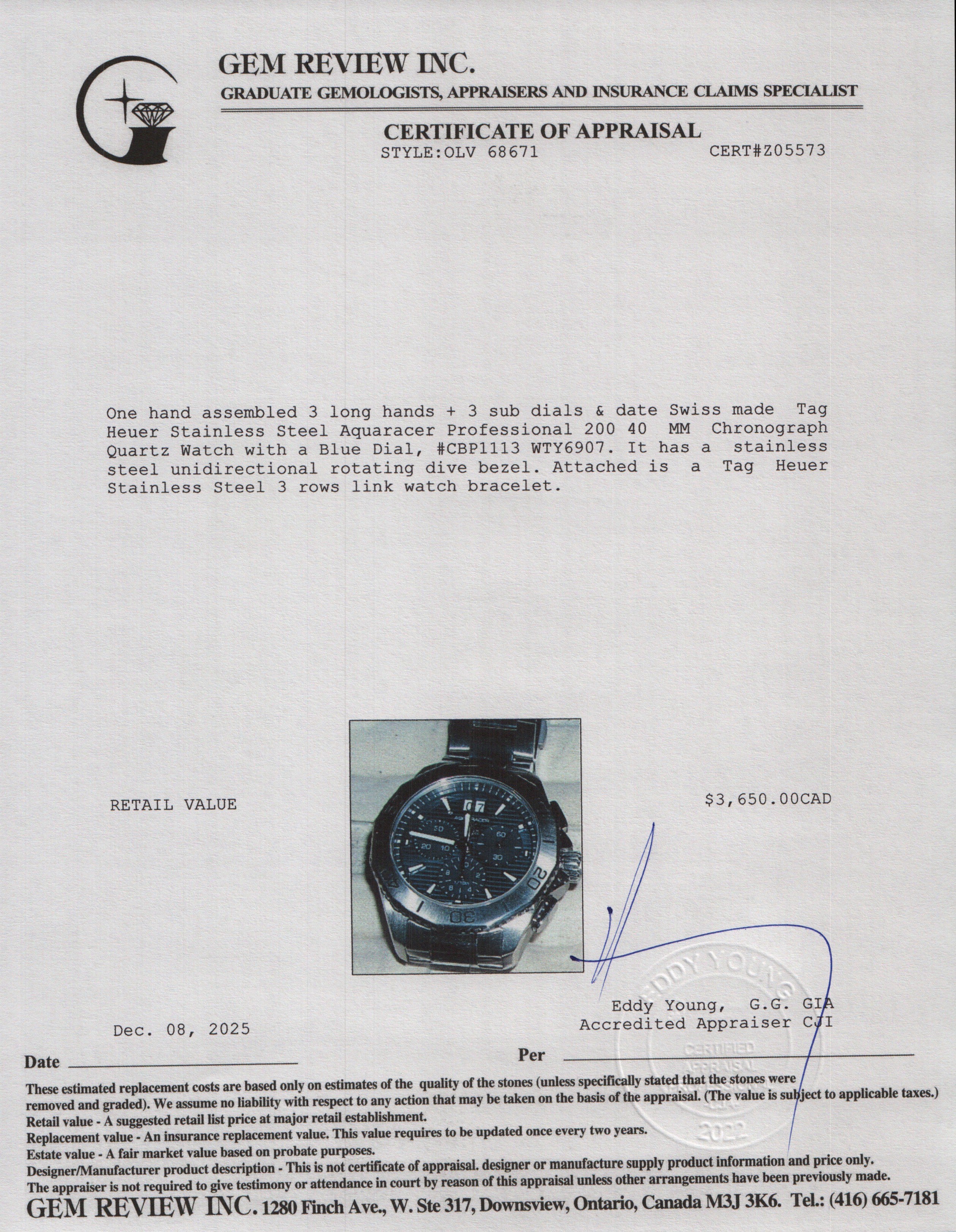 Tag Heuer Stainless Steel Aquaracer Professional 200 40 MM Chronograph Quartz Watch Blue Dial CBP1113 w/ Box & Papers