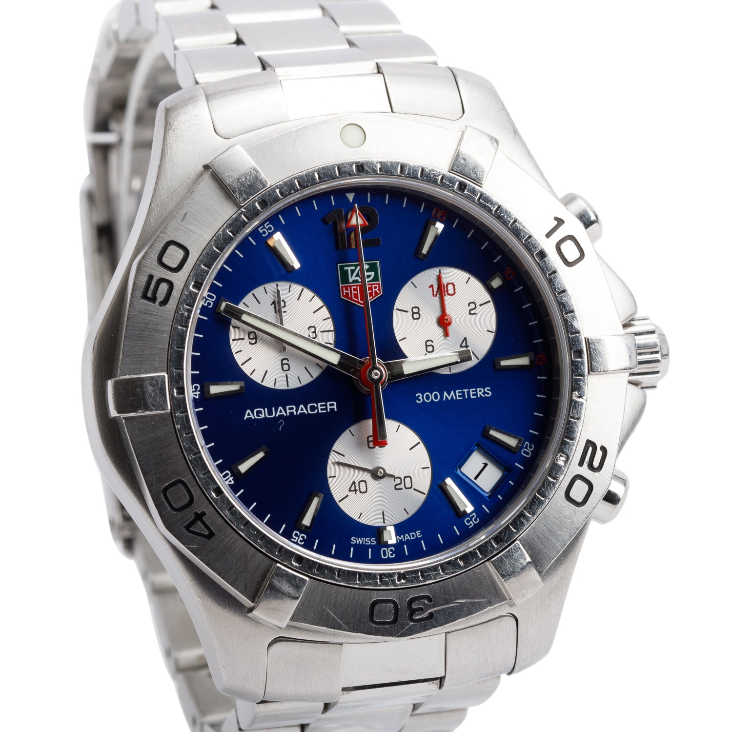Tag Heuer Stainless Steel Aquaracer 41 MM Chronograph Quartz Watch Blue Dial CAF1112 w/ Box