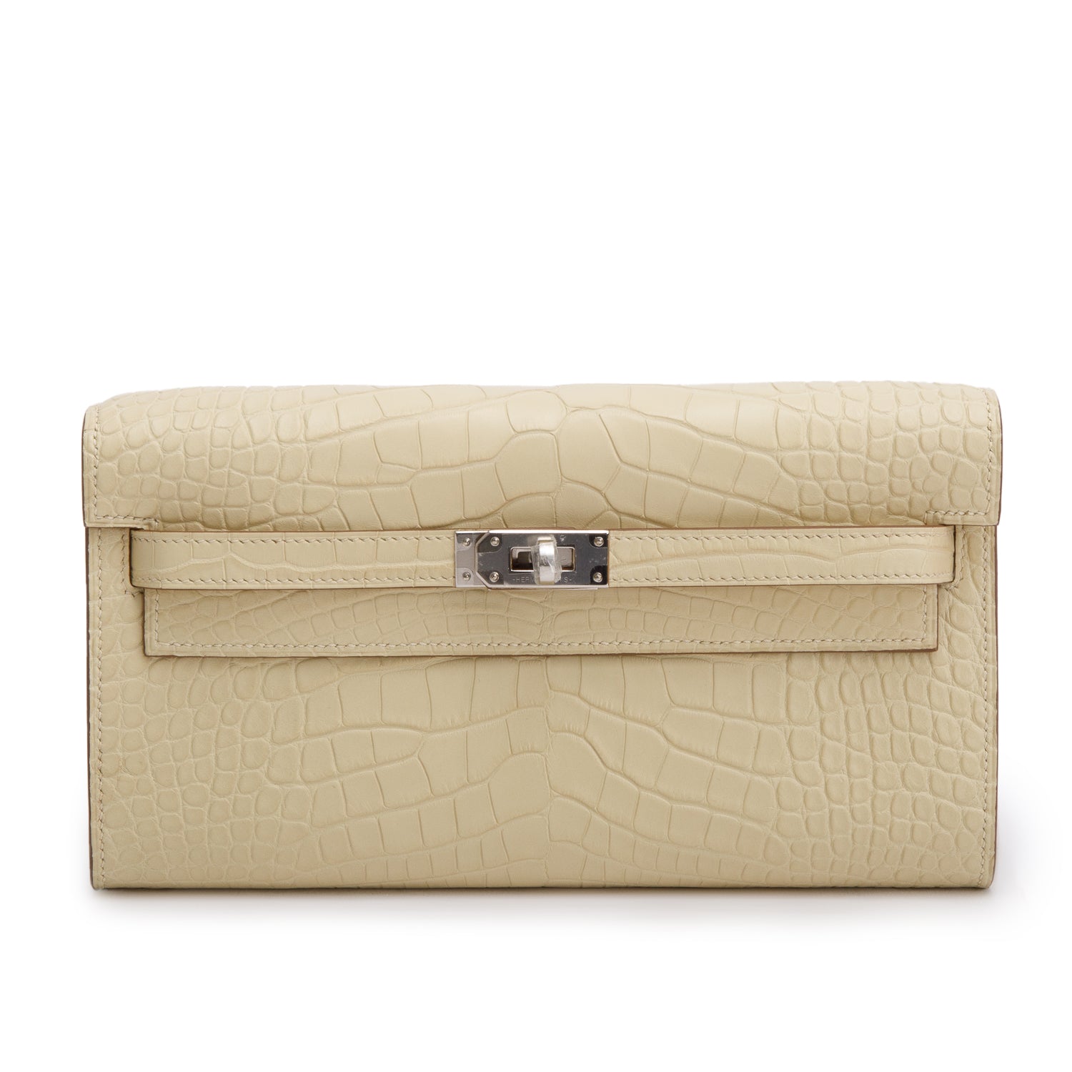 Hermes 2023 Vanille Alligator Mat Kelly Wallet To Go w/ Strap & Box