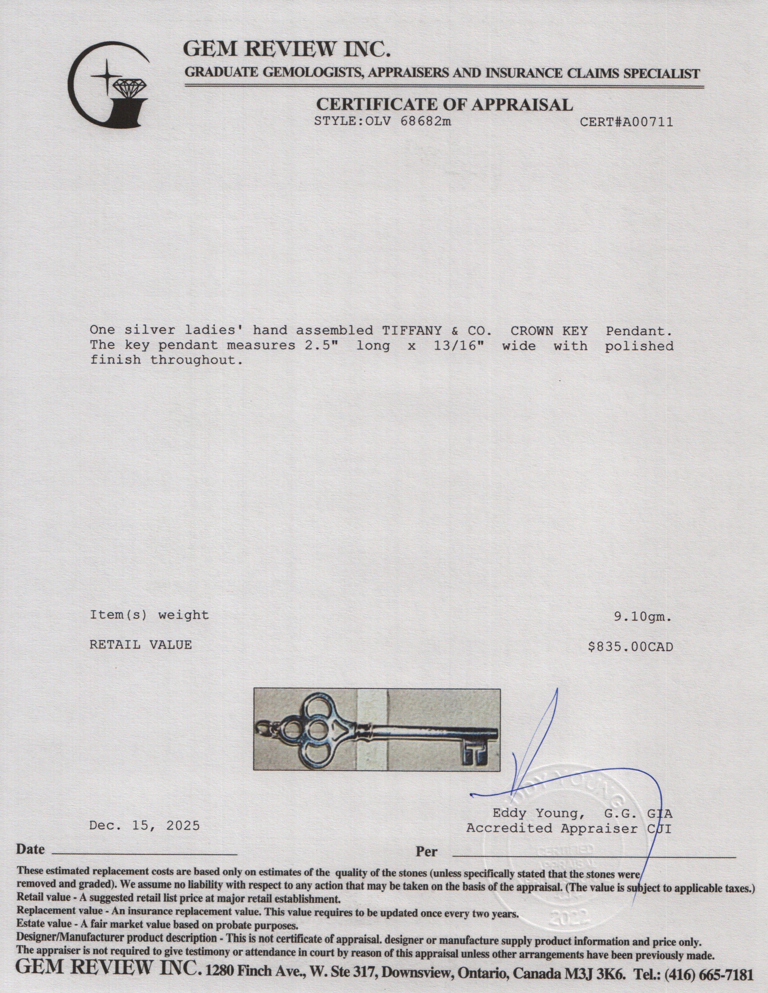 Tiffany & Co. Sterling Silver Large Crown Key Pendant