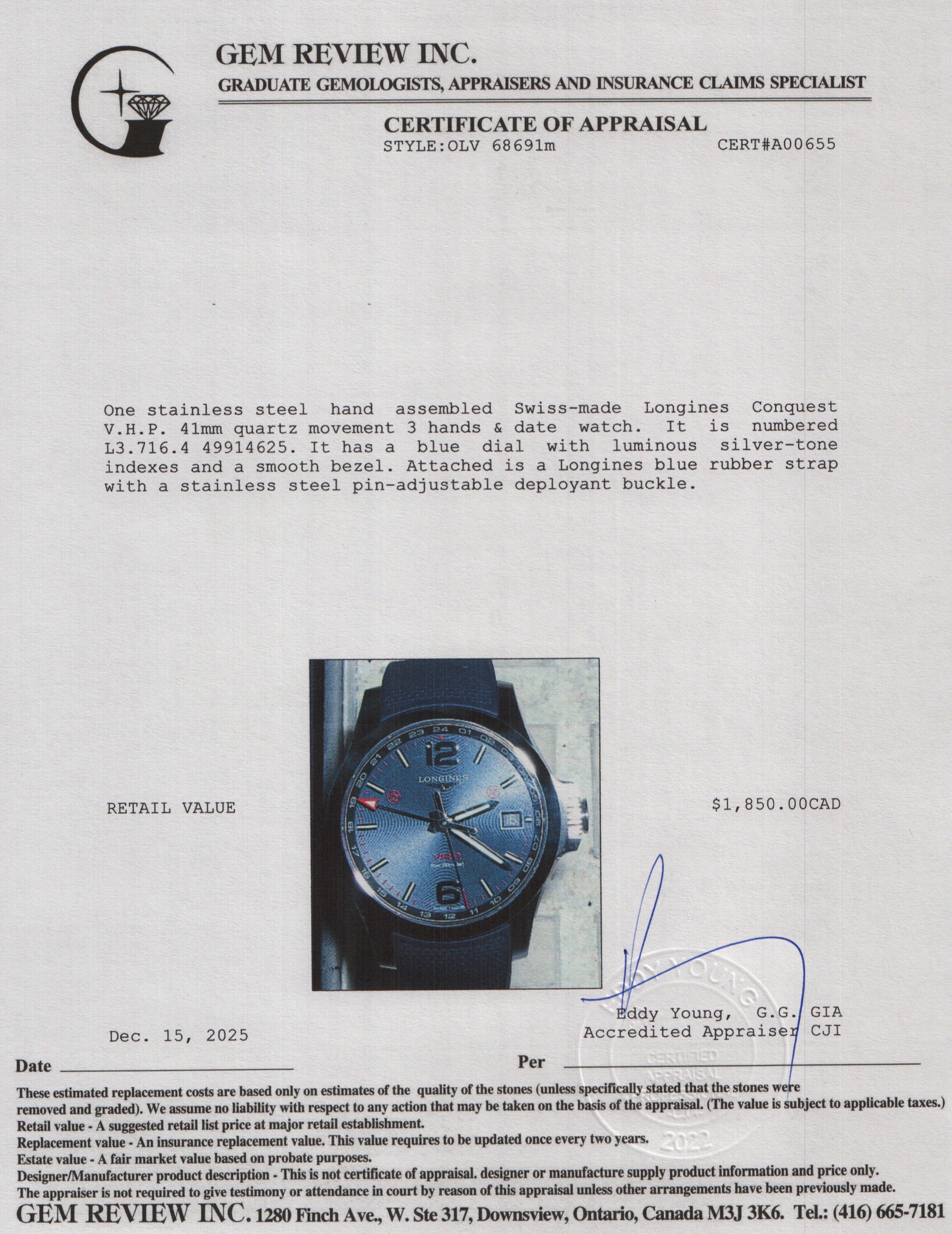 Longines Stainless Steel Conquest V.H.P. 41 MM Quartz Watch Blue Dial w/ Box & Papers