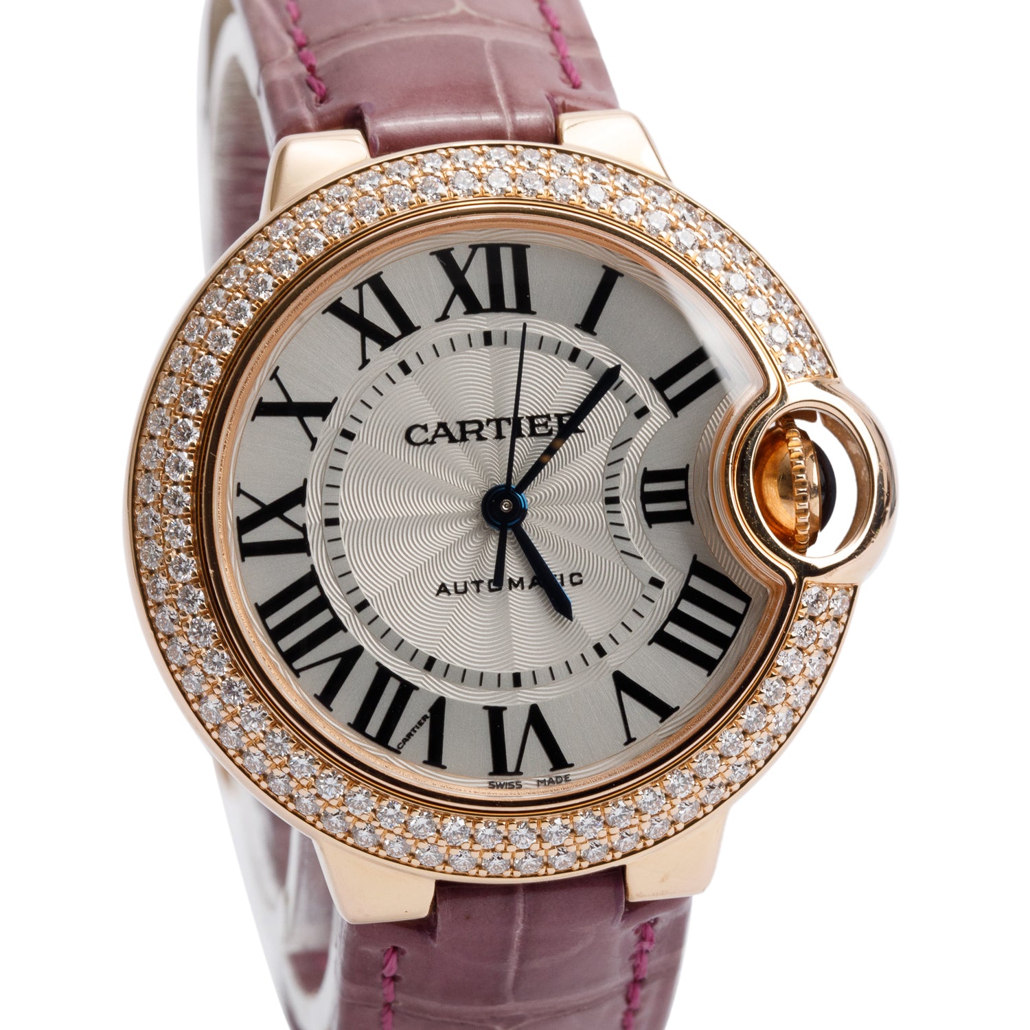 Cartier 18k Rose Gold Diamond Bezel Ballon Bleu de Cartier 33 MM Automatic Watch Silver Dial 3282