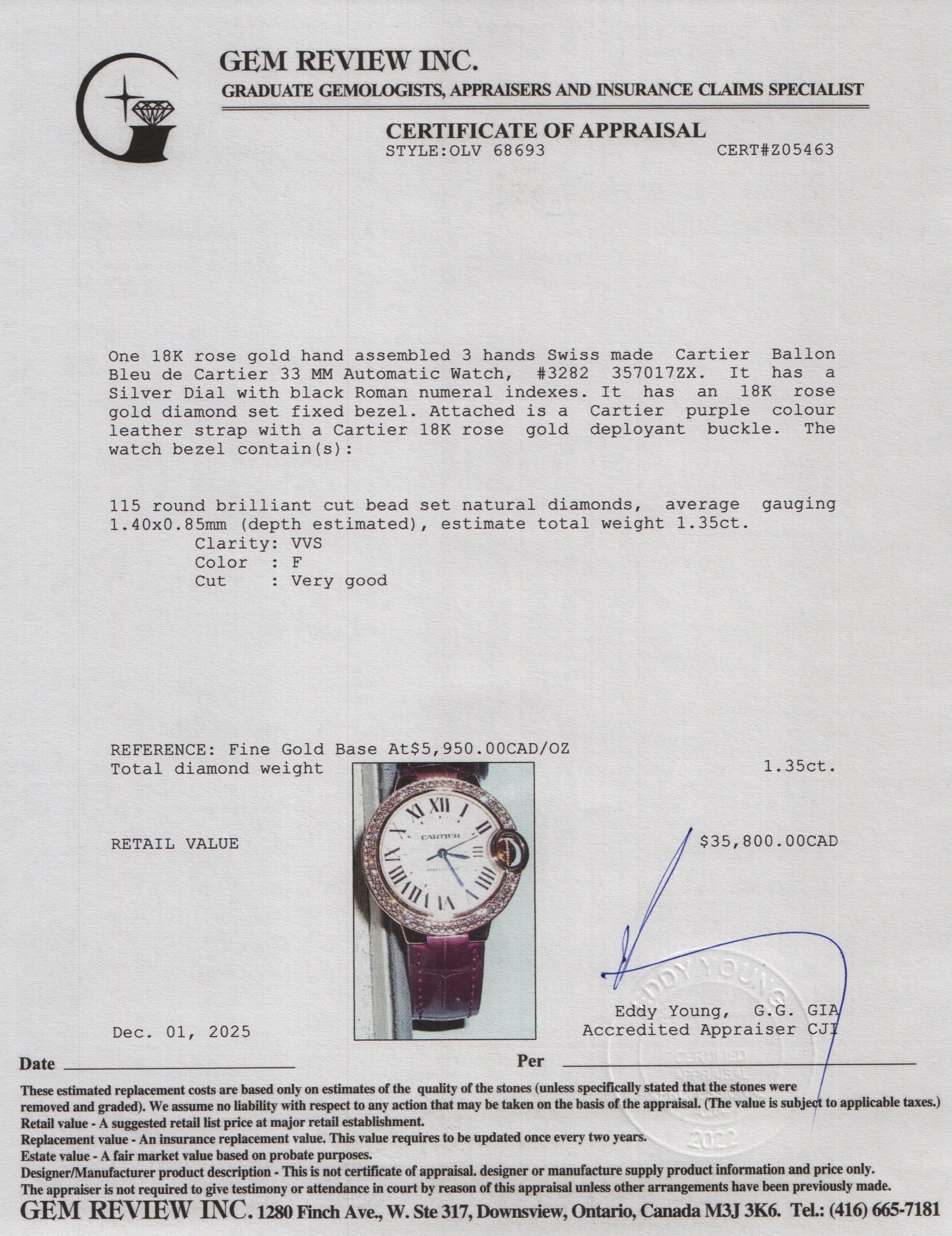 Cartier 18k Rose Gold Diamond Bezel Ballon Bleu de Cartier 33 MM Automatic Watch Silver Dial 3282