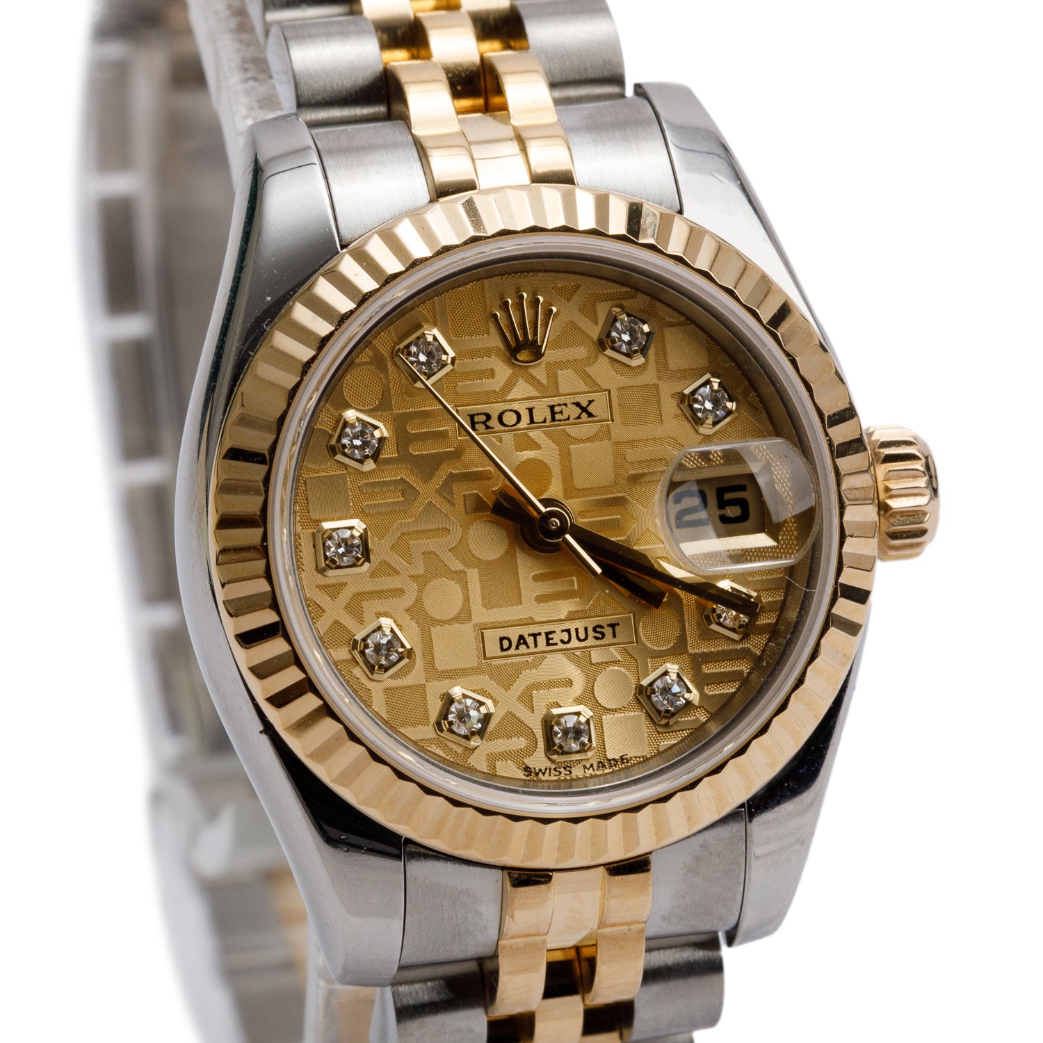 Rolex Stainless Steel & 18k Yellow Gold Datejust 26 MM Watch Champagne Diamond Dial 179173 w/ Papers