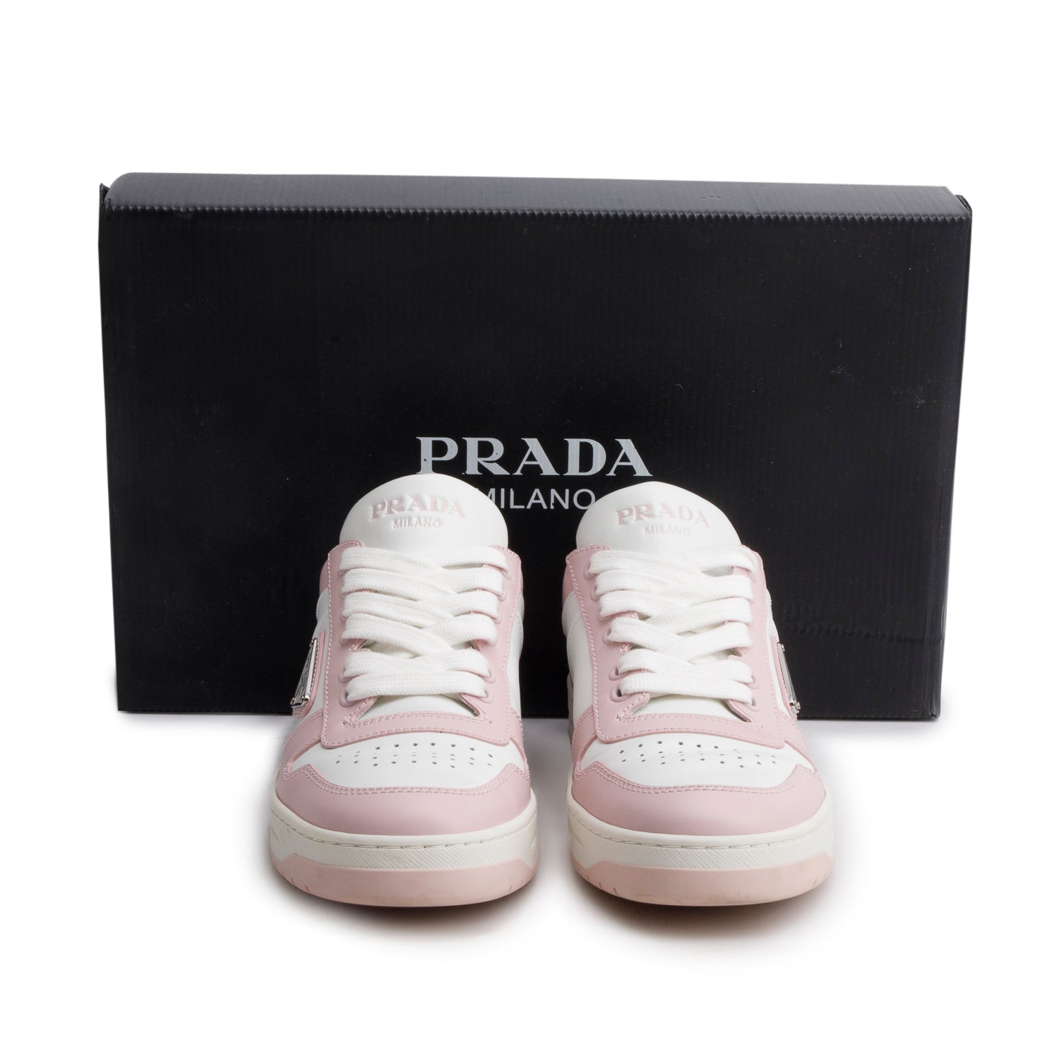 Prada Pink White Vitello Sport Spazzolato Rois Triangle Logo Downtown Low Top Sneakers, Size 38 w/ Box