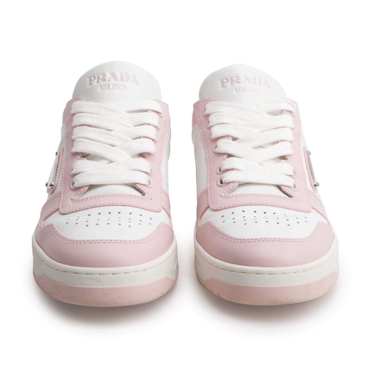 Prada Pink White Vitello Sport Spazzolato Rois Triangle Logo Downtown Low Top Sneakers, Size 38 w/ Box