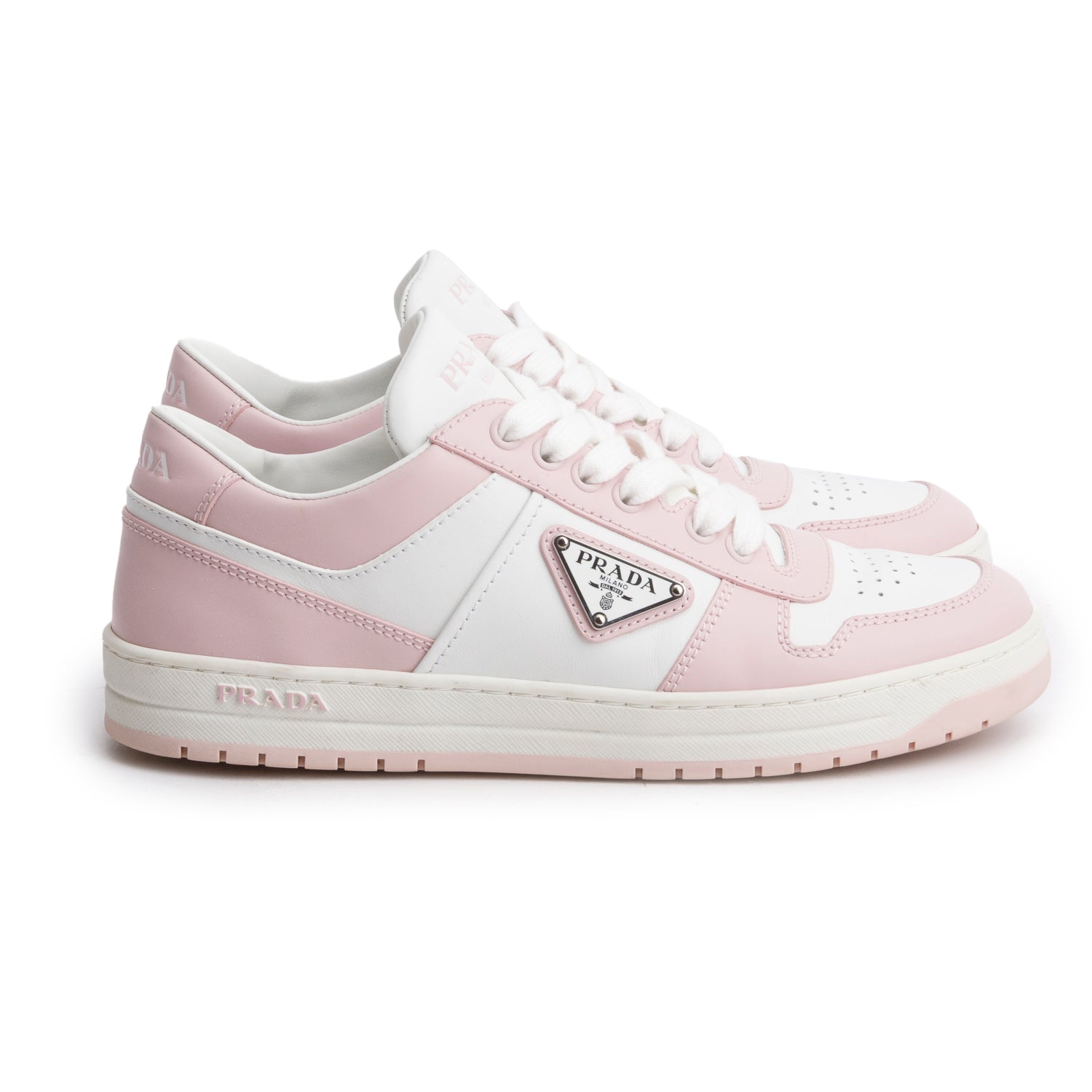 Prada Pink White Vitello Sport Spazzolato Rois Triangle Logo Downtown Low Top Sneakers, Size 38 w/ Box