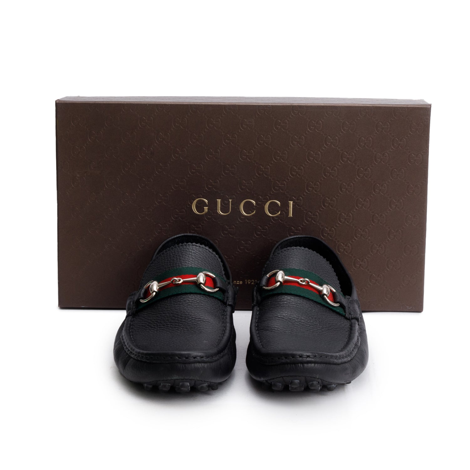 Gucci Black Grained Leather Horsebit Web Driving Loafers, Men's Size 9.5 w/ Box