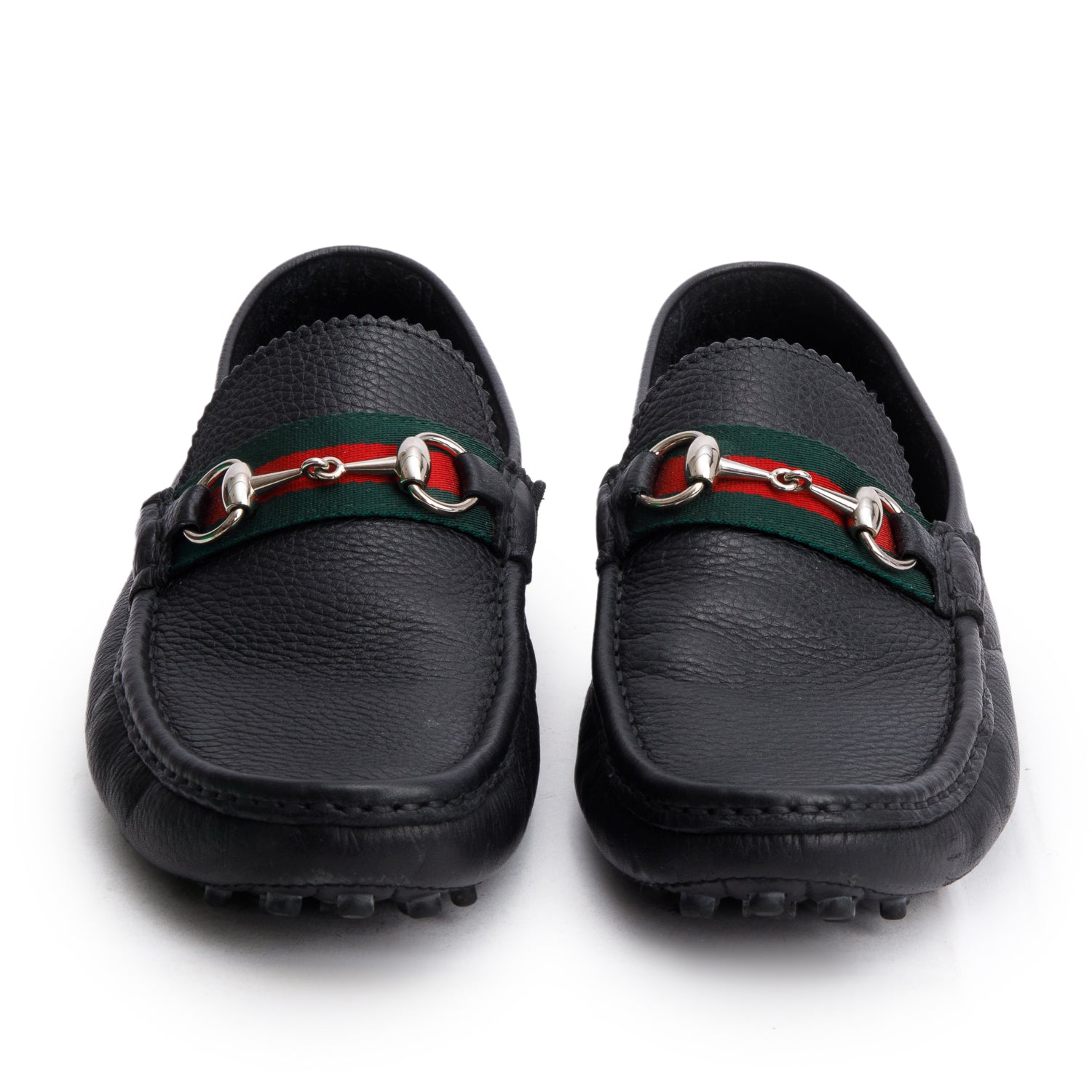 Gucci Black Grained Leather Horsebit Web Driving Loafers, Men's Size 9.5 w/ Box