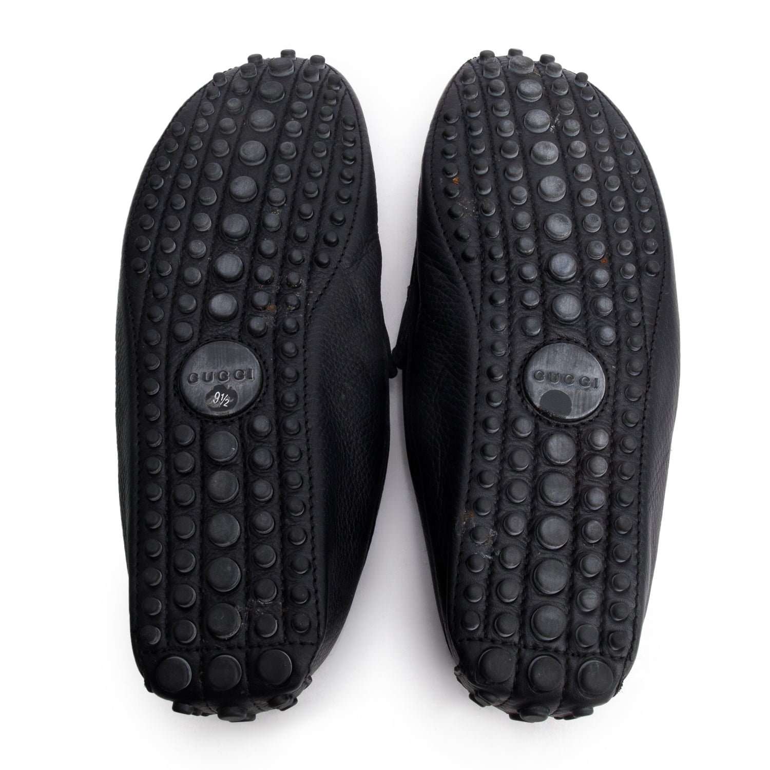 Gucci Black Grained Leather Horsebit Web Driving Loafers, Men's Size 9.5 w/ Box