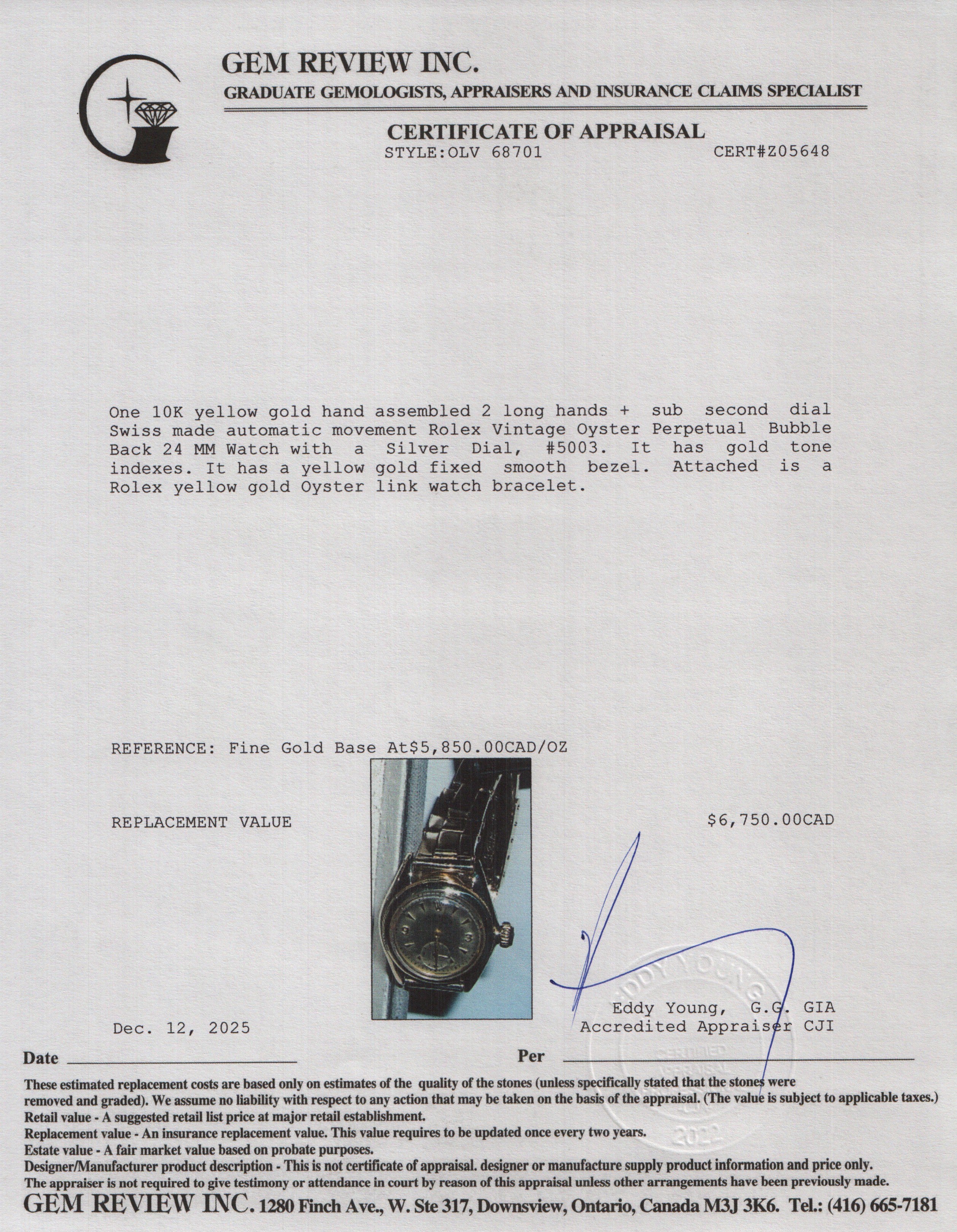 Rolex Vintage 10k Yellow Gold Oyster Perpetual Bubble Back 24 MM Watch Silver Dial 5003