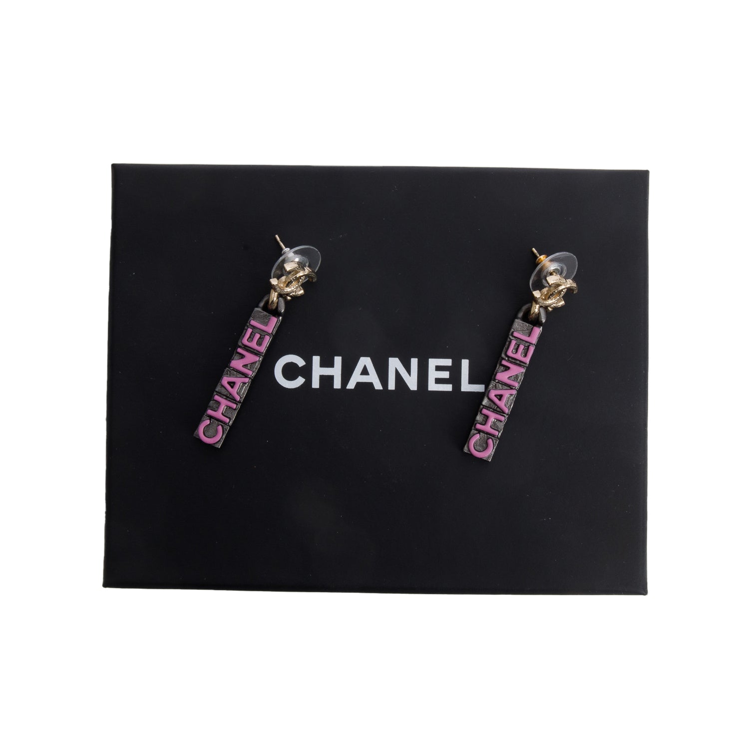 Chanel 2021 Gold Plated CC Enamel Logo Plate Drop Earrings w/ Box