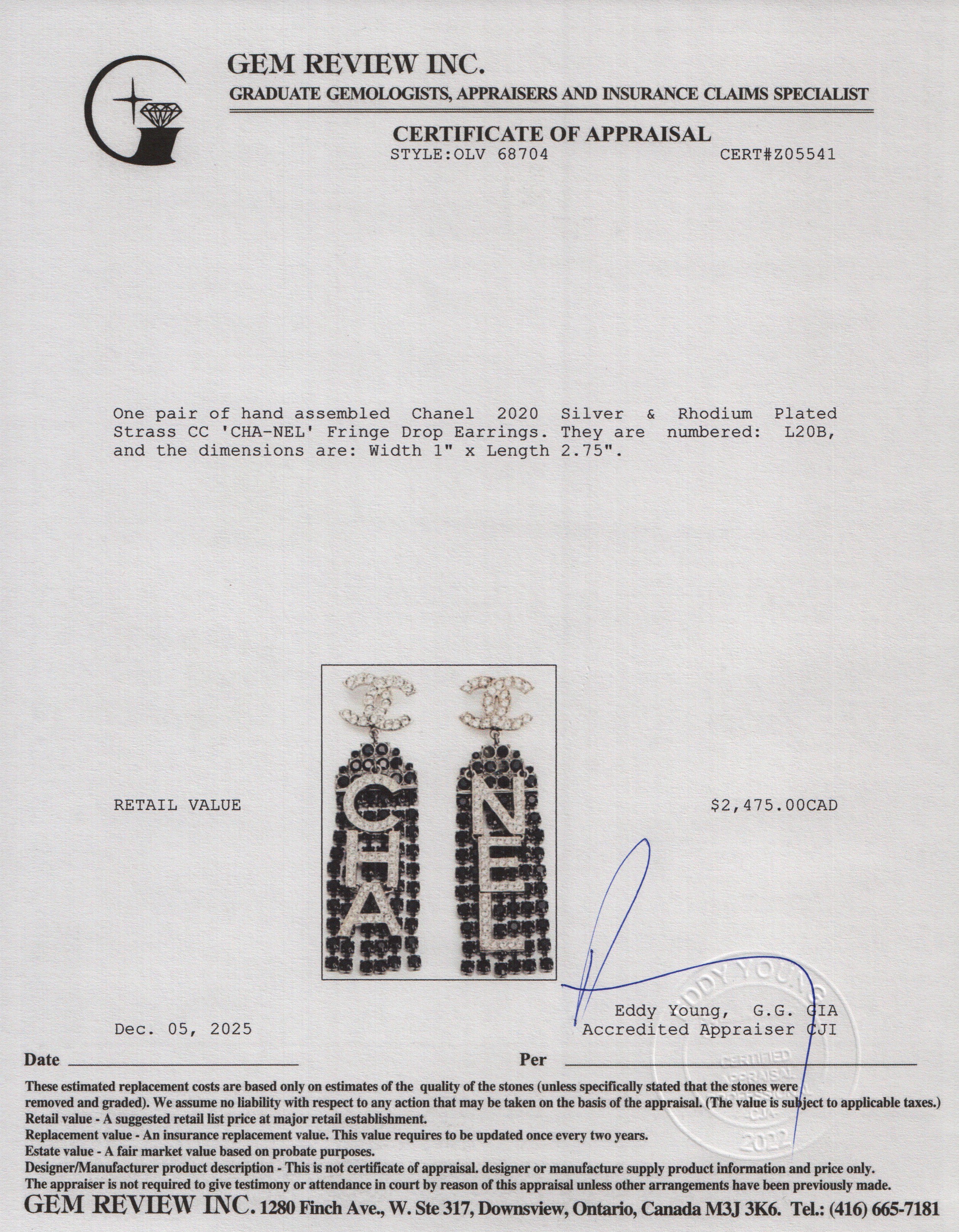 Chanel 2020 Silver & Rhodium Plated Strass CC 'CHA-NEL' Fringe Drop Earrings w/ Box