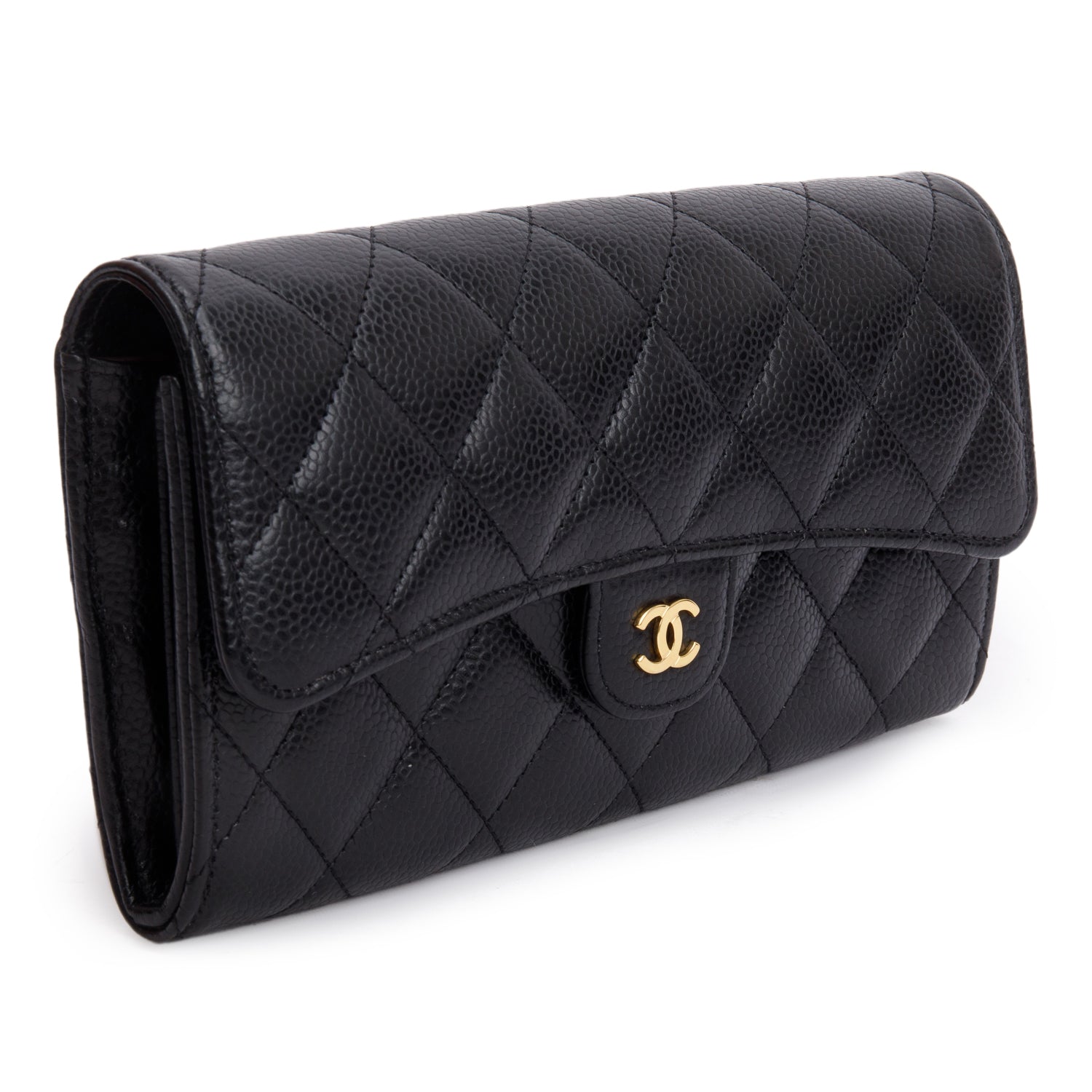Chanel Black Caviar Leather Classic Long Flap Wallet w/ Box