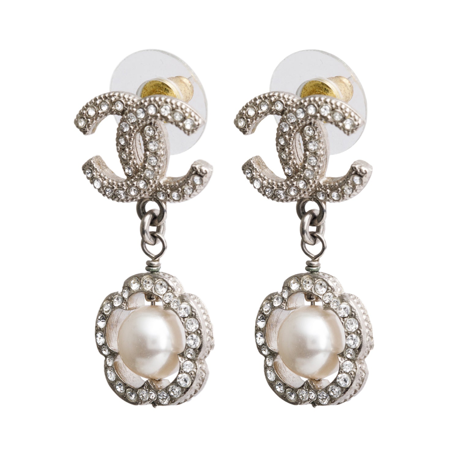 Chanel 2020 Palladium-Plated Faux Pearl & Strass CC Flower Drop Earrings
