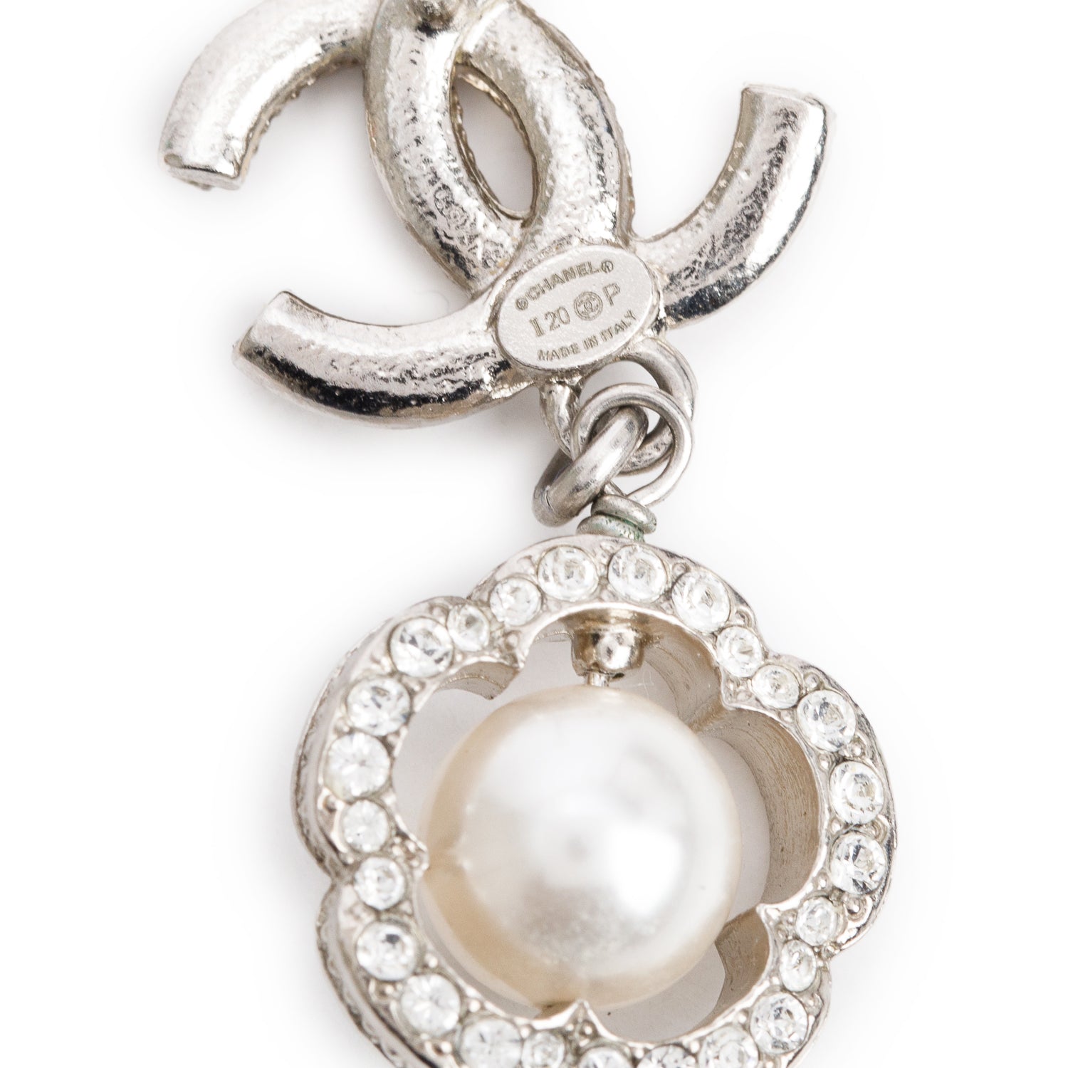 Chanel 2020 Palladium-Plated Faux Pearl & Strass CC Flower Drop Earrings