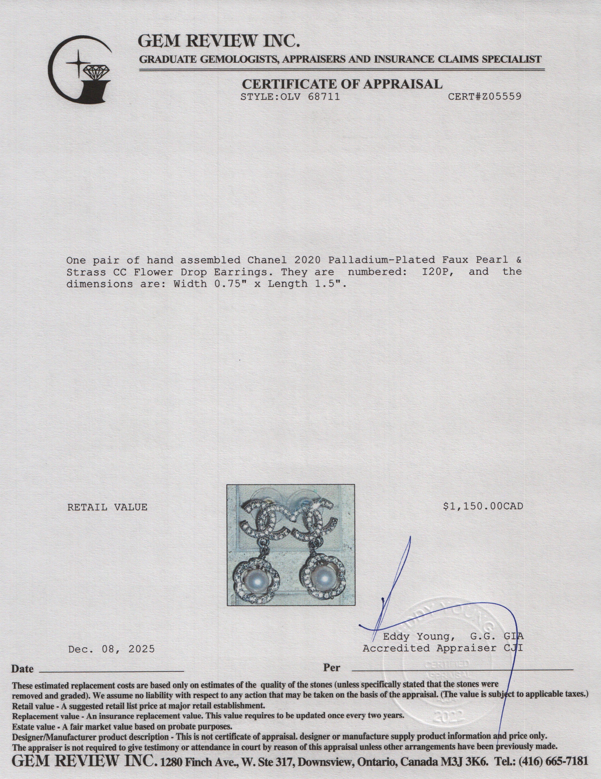 Chanel 2020 Palladium-Plated Faux Pearl & Strass CC Flower Drop Earrings