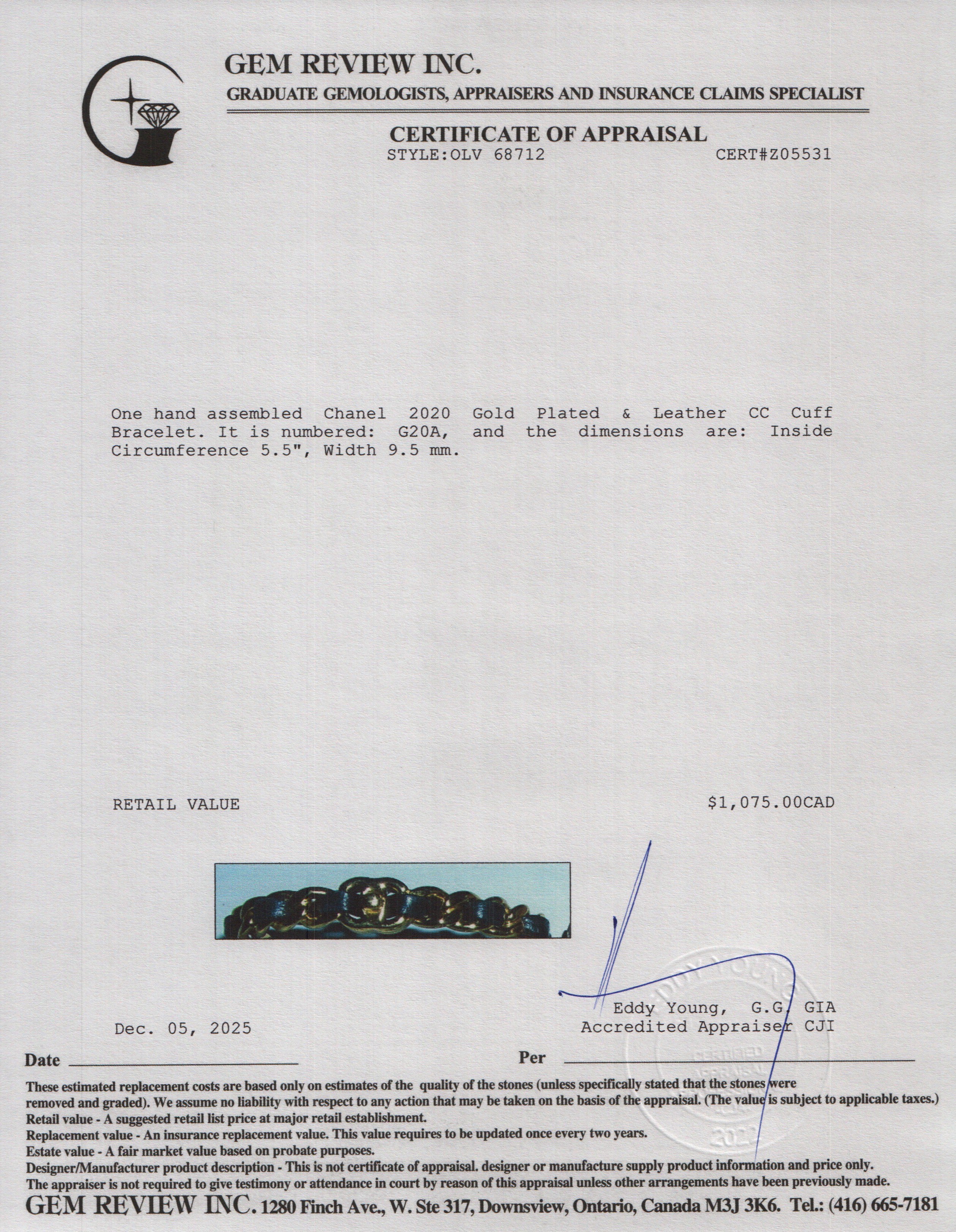 Chanel 2020 Gold Plated & Leather CC Cuff Bracelet