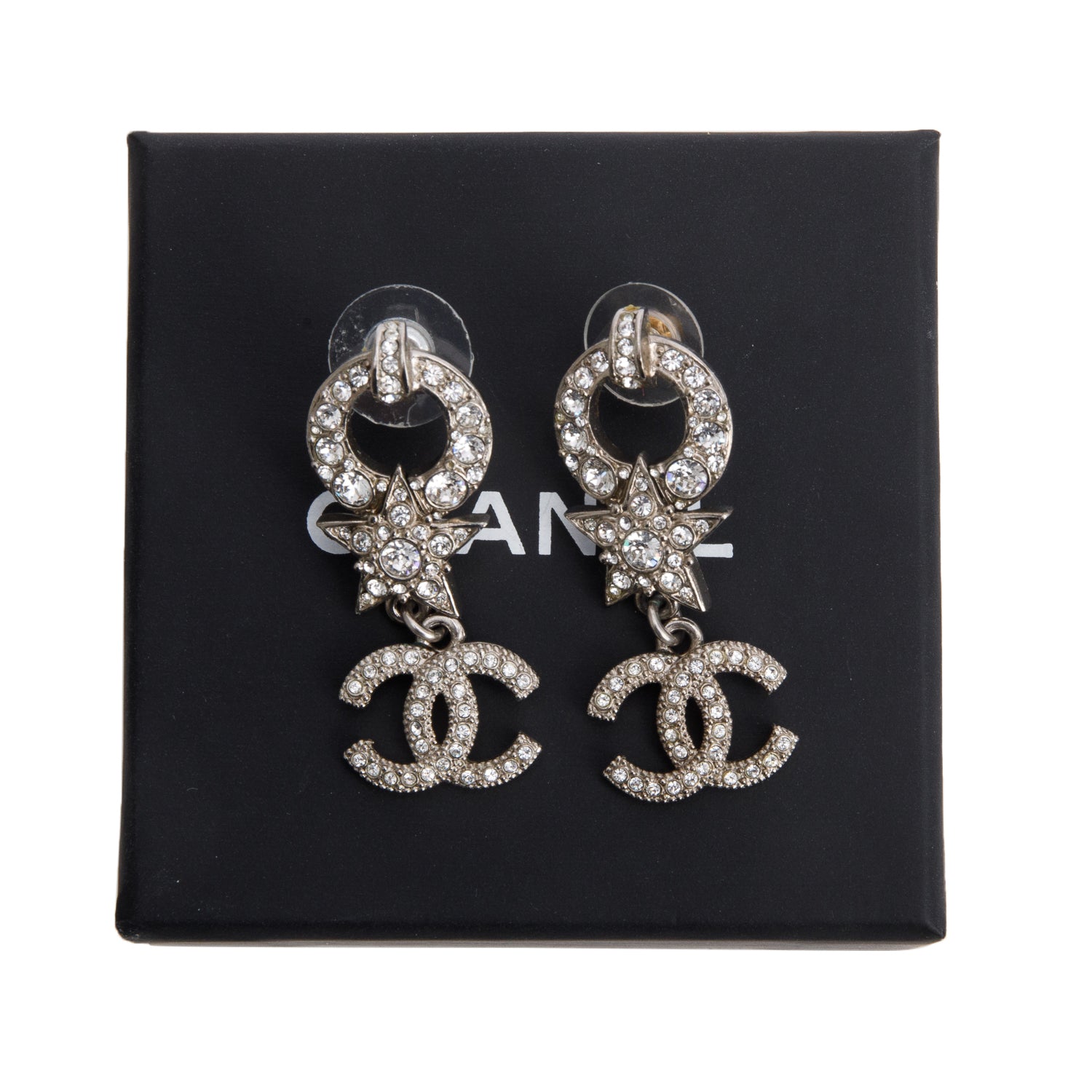 Chanel 2020 Palladium-Plated Strass Star & CC Drop Earrings w/ Box