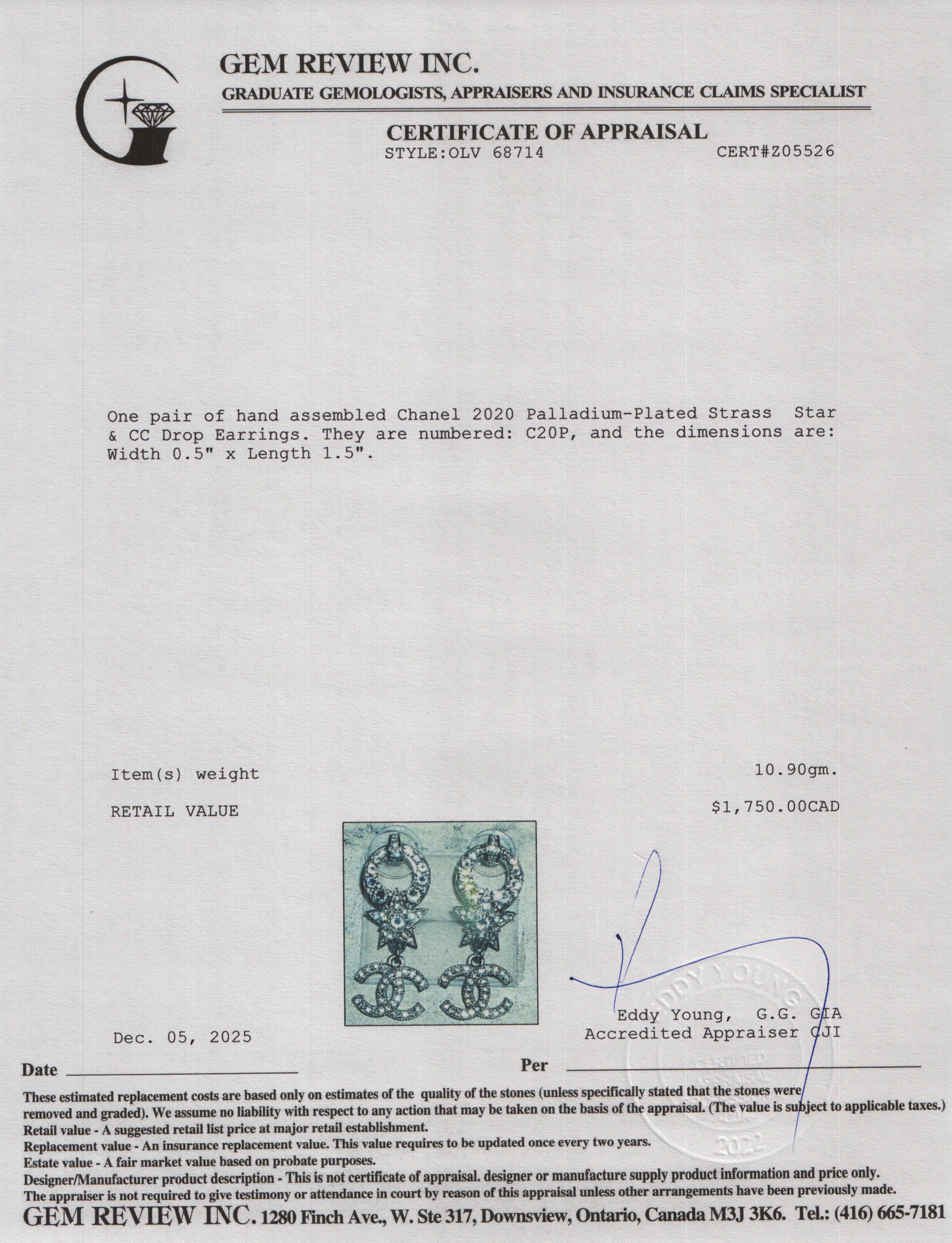 Chanel 2020 Palladium-Plated Strass Star & CC Drop Earrings w/ Box