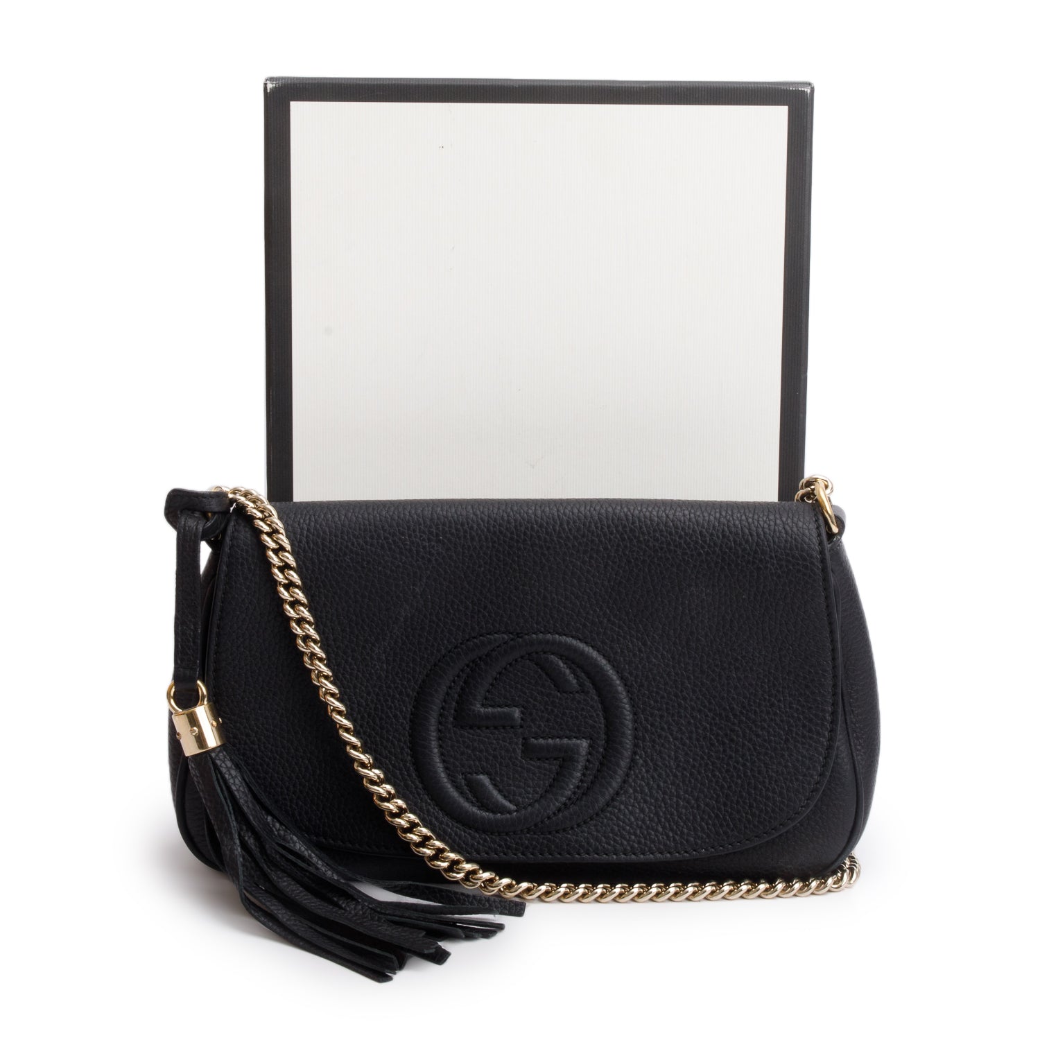 Gucci Black Pebbled Calfskin Medium Soho Chain Crossbody Bag w/ Box