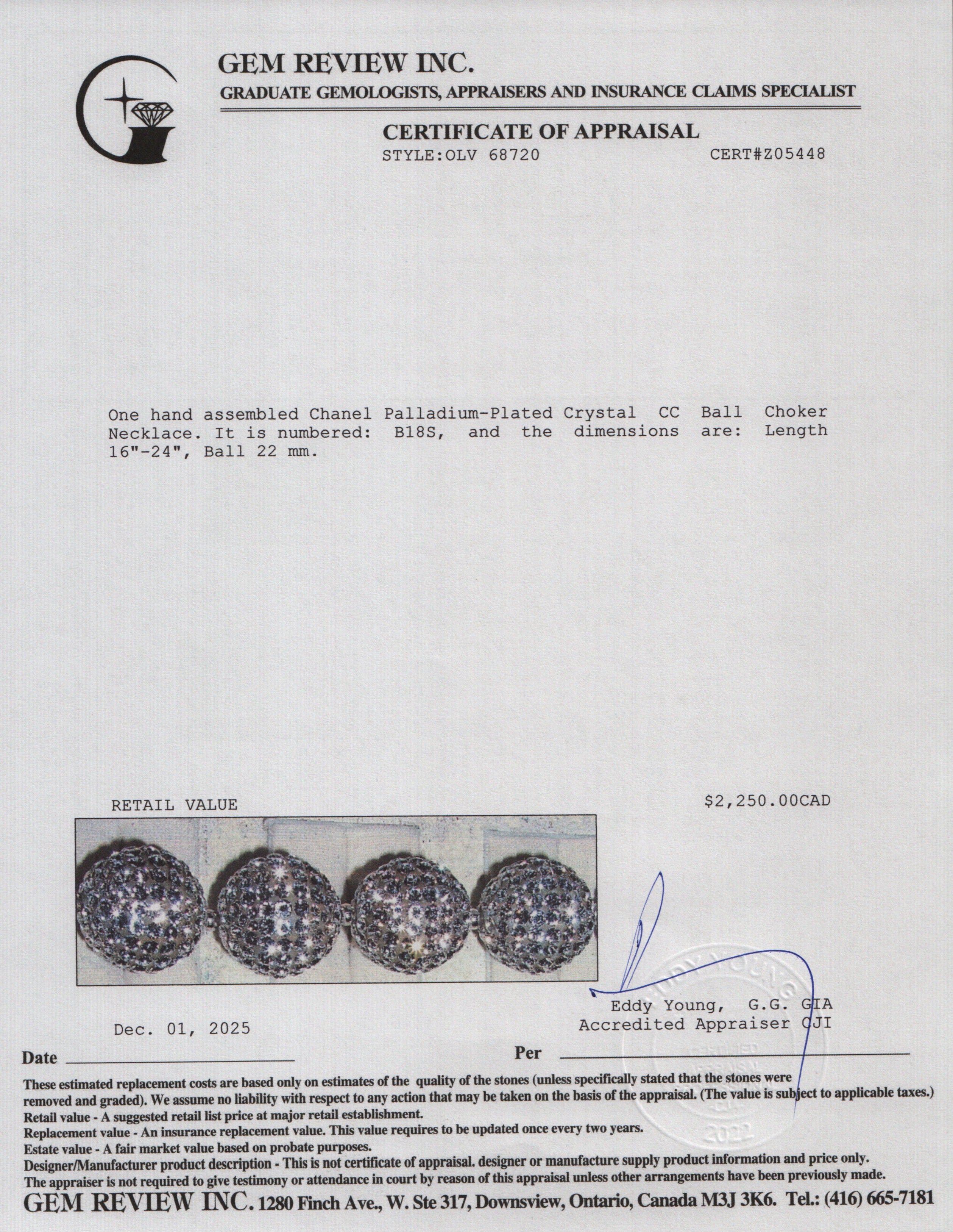 Chanel Palladium-Plated Crystal CC Ball Choker Necklace