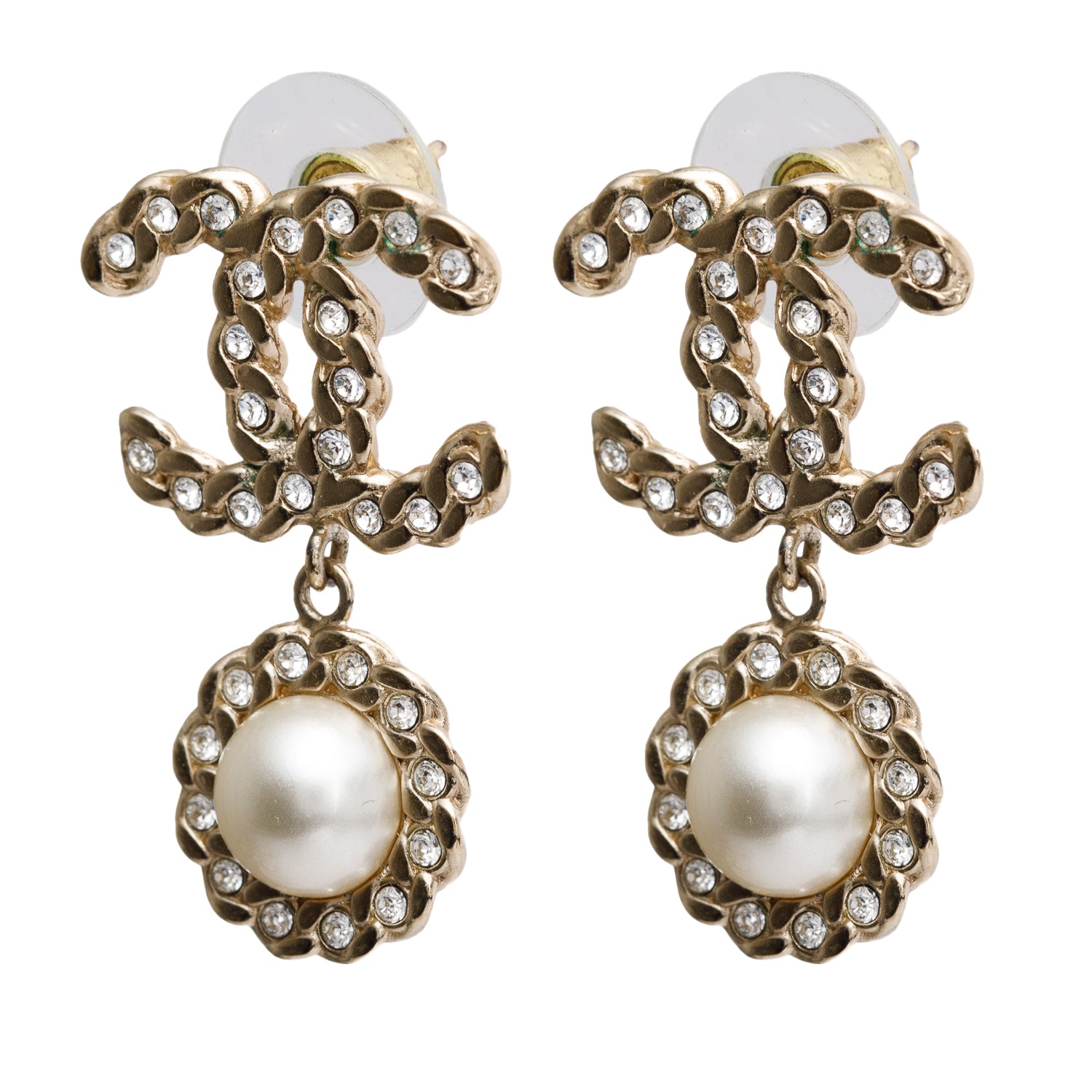 Chanel 2020 Gold Plated Faux Pearl & Strass CC Drop Earrings