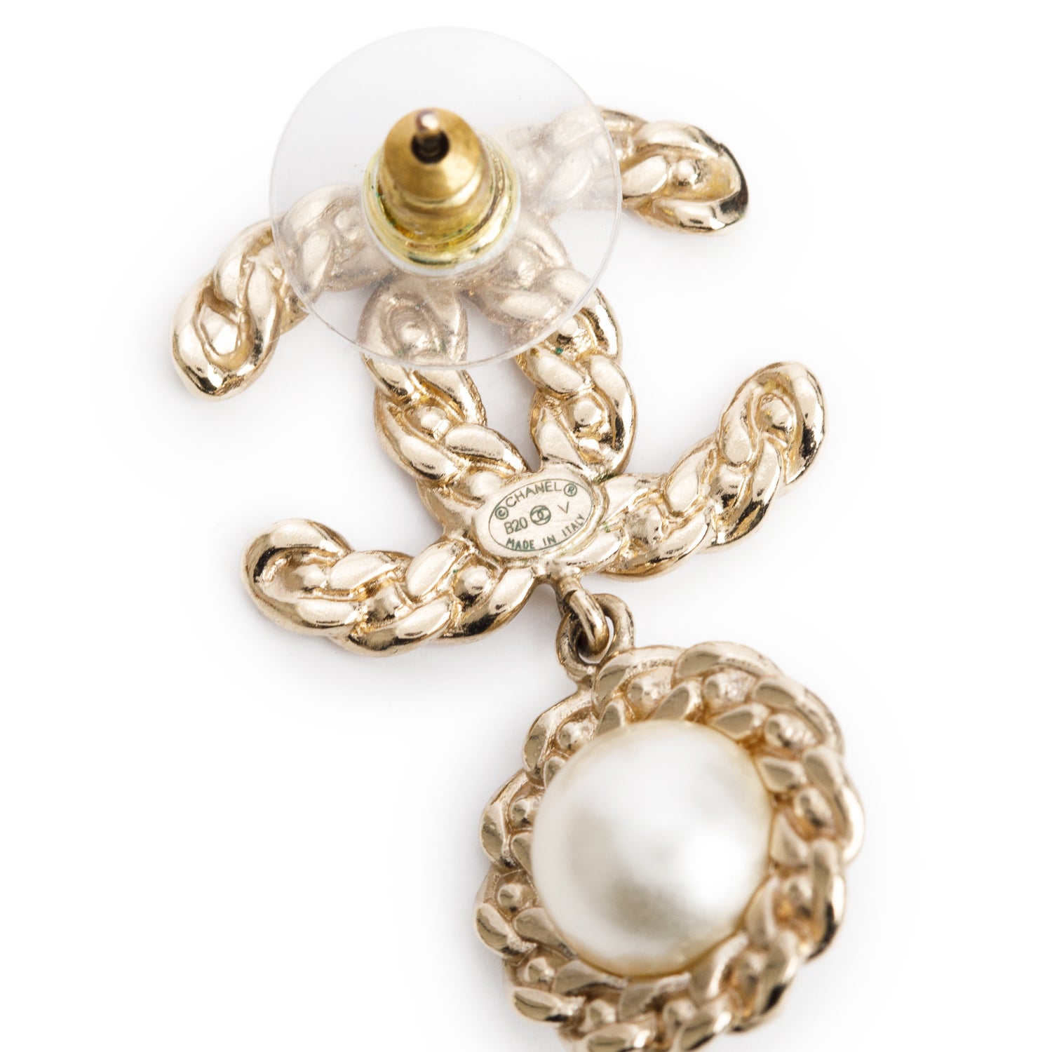 Chanel 2020 Gold Plated Faux Pearl & Strass CC Drop Earrings