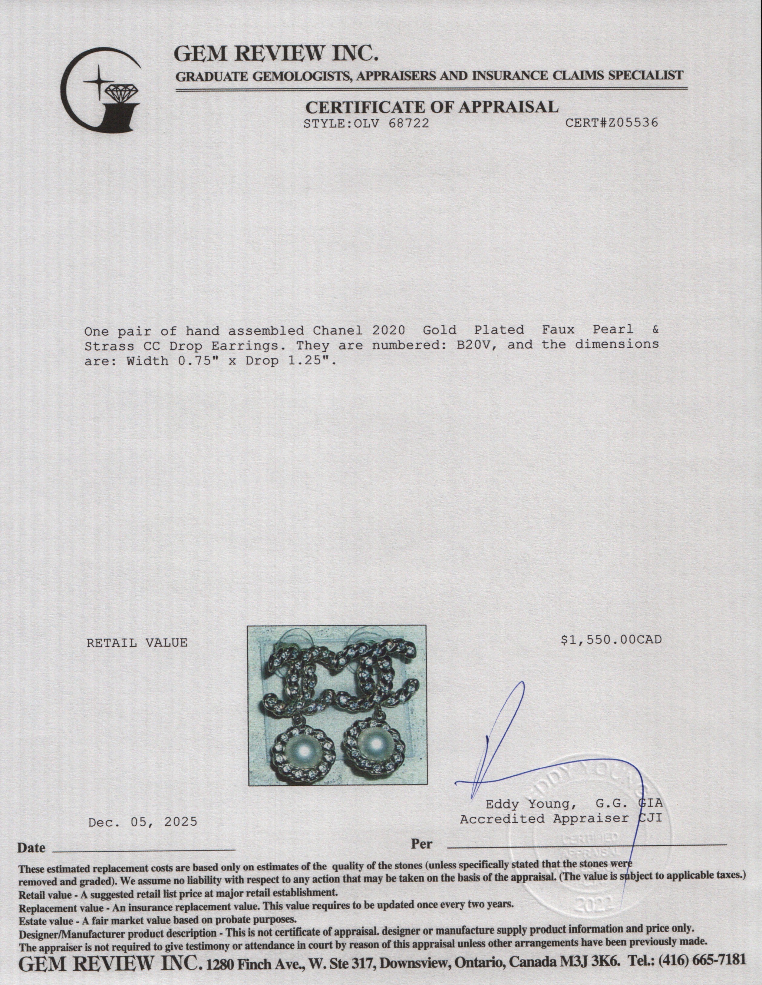 Chanel 2020 Gold Plated Faux Pearl & Strass CC Drop Earrings