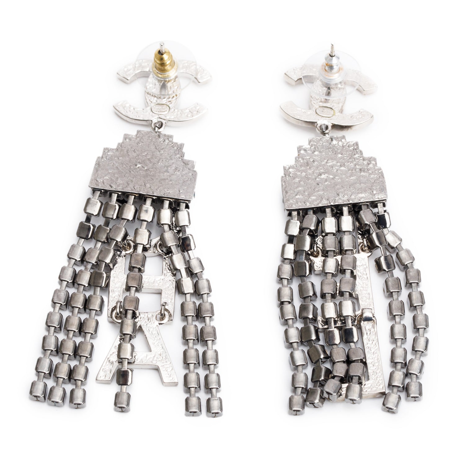 Chanel 2020 Silver & Rhodium Plated Strass CC 'CHA-NEL' Fringe Drop Earrings w/ Box