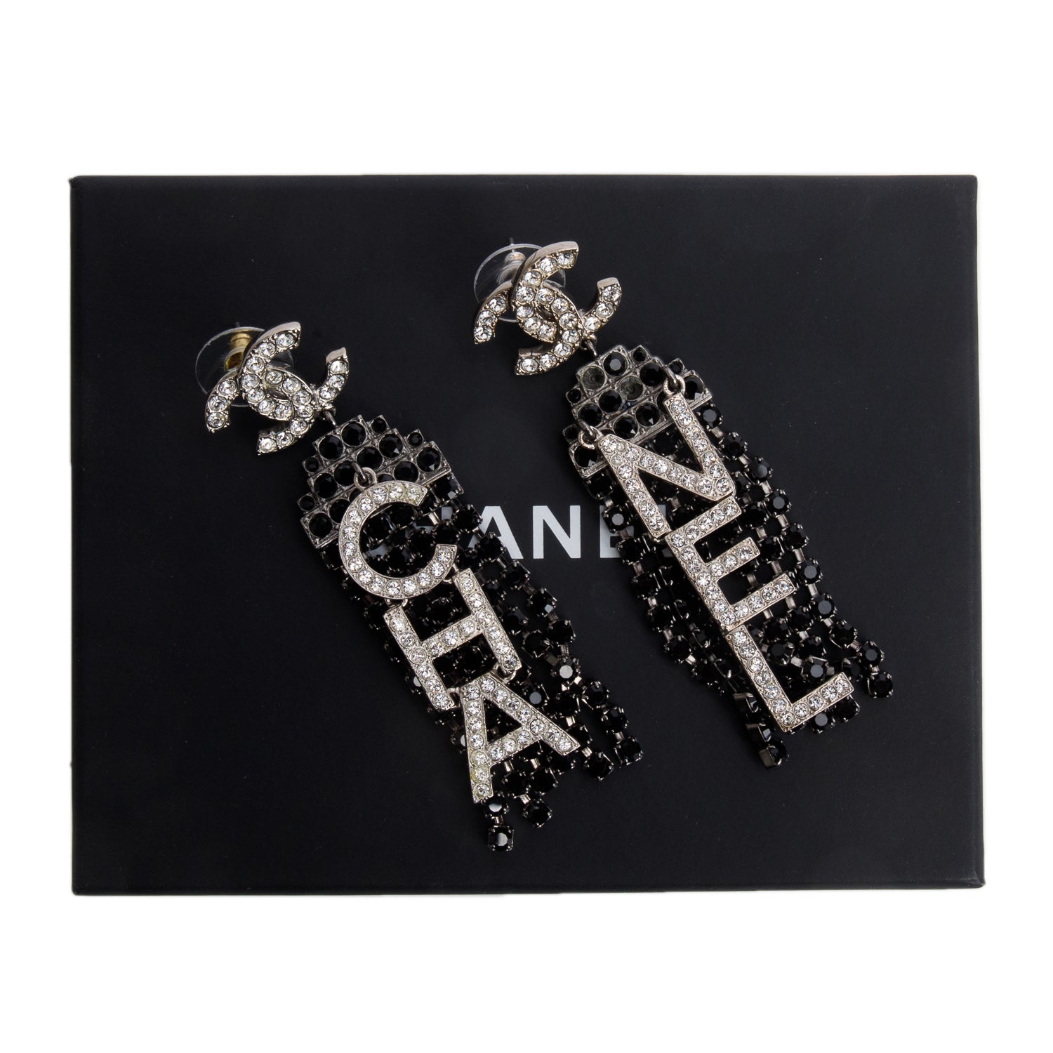 Chanel 2020 Silver & Rhodium Plated Strass CC 'CHA-NEL' Fringe Drop Earrings w/ Box